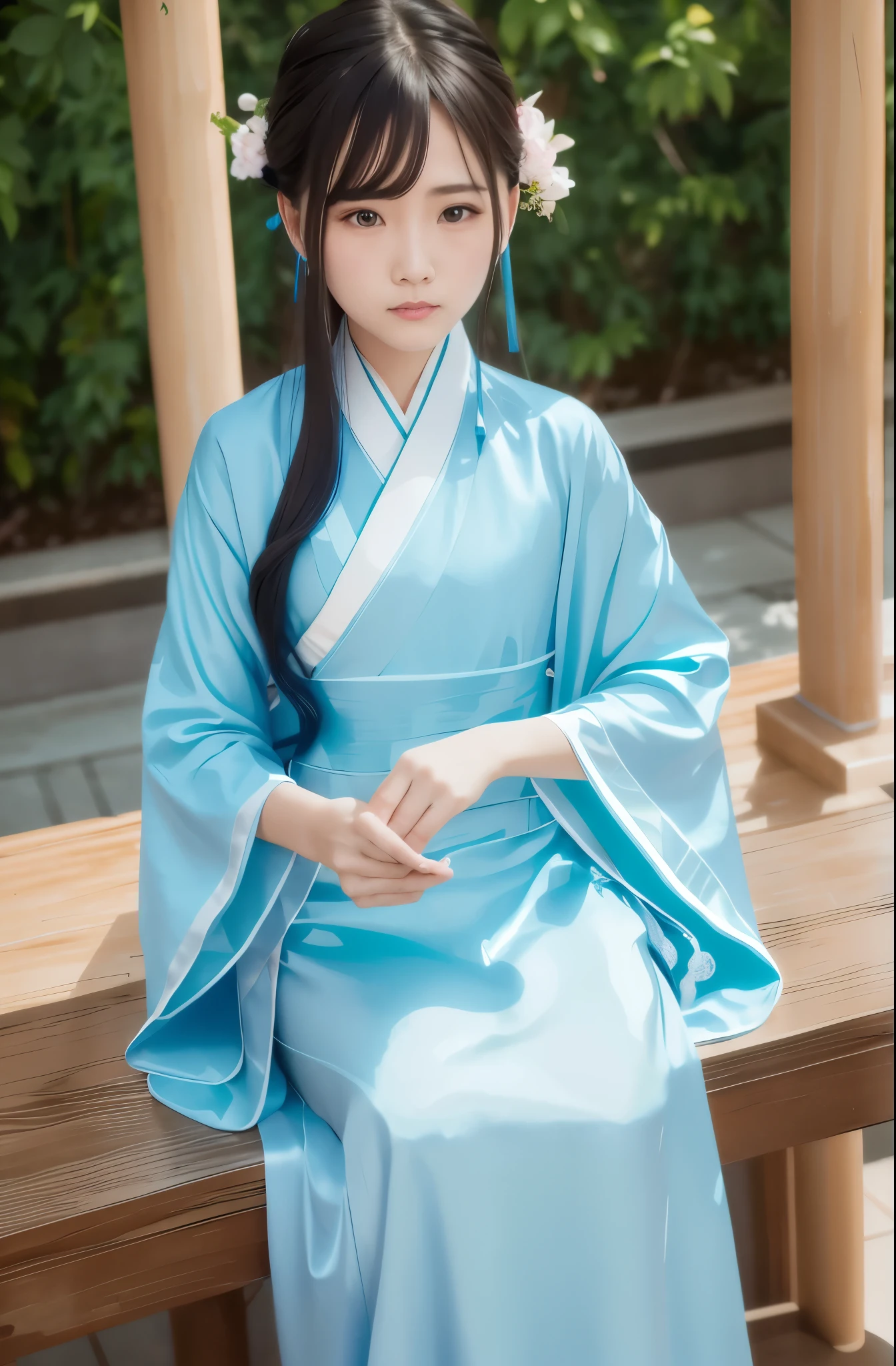 table top, highest quality, 8k, I'm 11 years old, teen, RAW photo, absurd, award winning portrait, smile, smile, alone, idol face, viola lace, gardenia, delicate girl, Upper body,full body shot, Digital single-lens reflex camera, looking at the viewer, Frank, Sophisticated, Zora々right, thin arms,small mouth,cute face, Beautiful and slim legs、Because I'm slender、professional lighting, film grain, chromatic aberration, (Eye and face details:1.0), (Bokeh:1.1), white japanese kimono、white shrine maiden clothes、elementary school girl、big waterfall、rain、beautiful slim legs、sitting