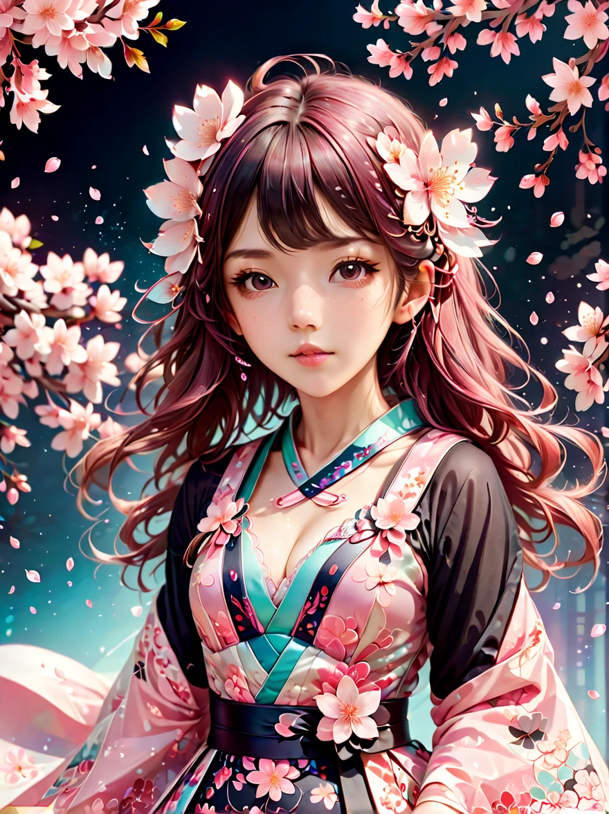 Sakura Maiden，Sakura petals fell gently around her。She has flowing cherry blossom hair，Quiet and sweet expression，(Wearing a dress with a cherry blossom pattern, black socks，****ta costume，crystal shoes)，pastel color palette，The ethereal beauty of blooming cherry blossoms。Rich details，Intricate patterns that accentuate the kimono、The delicate texture of the petals and the subtle emotions conveyed by the expression of the Sakura girl，(cowboy shot, UHD, masterpiece, ccurate, anatomically correct, textured skin, super detail, high details, high quality, 8k)