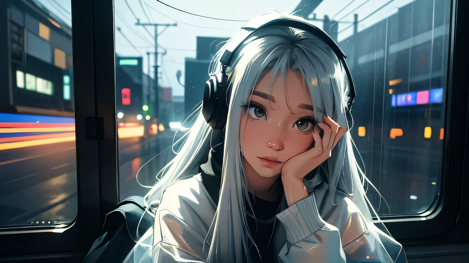 night train, Sit by the window, take a pensive posture, wearing headphones, My head got stuck in the glass, Scenery passing by at high speed, night trip, rainy night sky, Beautiful girl, UHD Portraits, (high quality) (ultra detail) Observation of a viewer wearing hip-hop style street clothes; different, fancy, long colored silver hair 🌈
