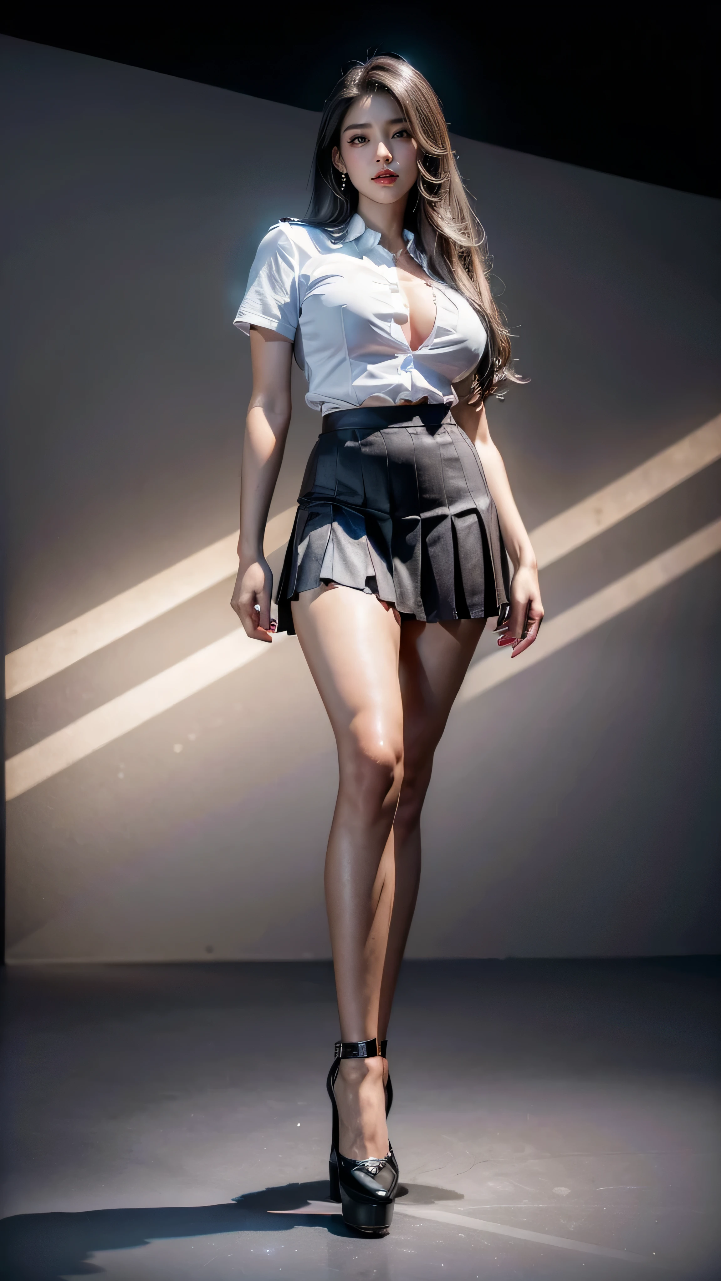 (masterpiece, best quality, realistically, Work, super detailed, 8k), ((Wide-angle lens, Full body female love)), 1 girl,Light makeup,Exquisite facial features,Smile,Exquisite hairstyle, long hair,big breasts,Correct finger structure,high school uniform,cotton pleated skirt,front standing posture ,facing the audience,full body portrait,gray background