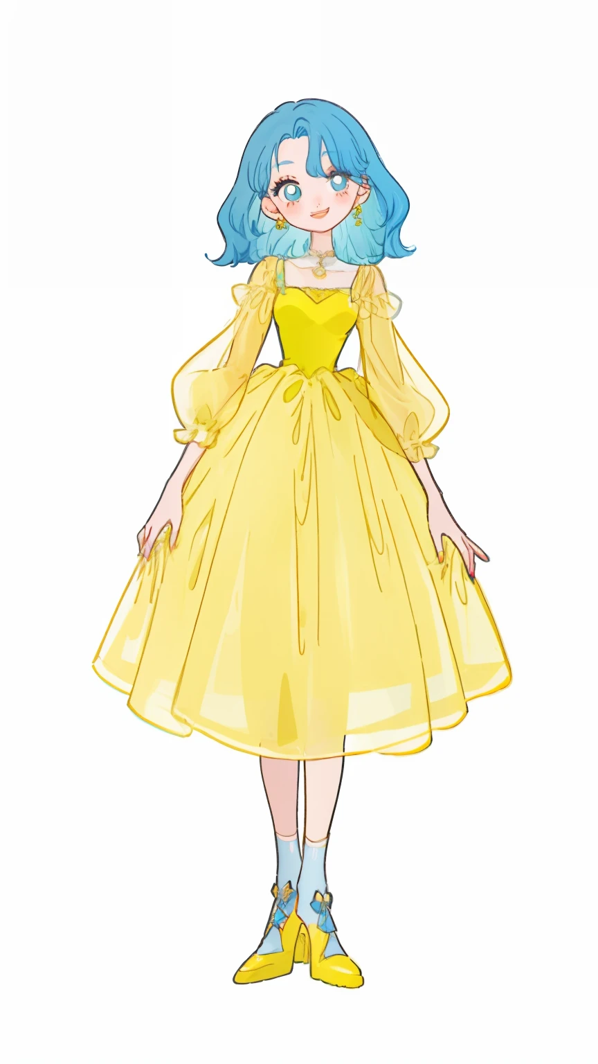 full body, standing, solo, in the middle, transparent background, 1 girl with blue hair and eyes wearing a yellow dress, 1 7 -  - old me goth girl, [grinning evily], concept character, very slightly smiling, pretty, neon, lofi, clear features, face details, masterpiece, correct face