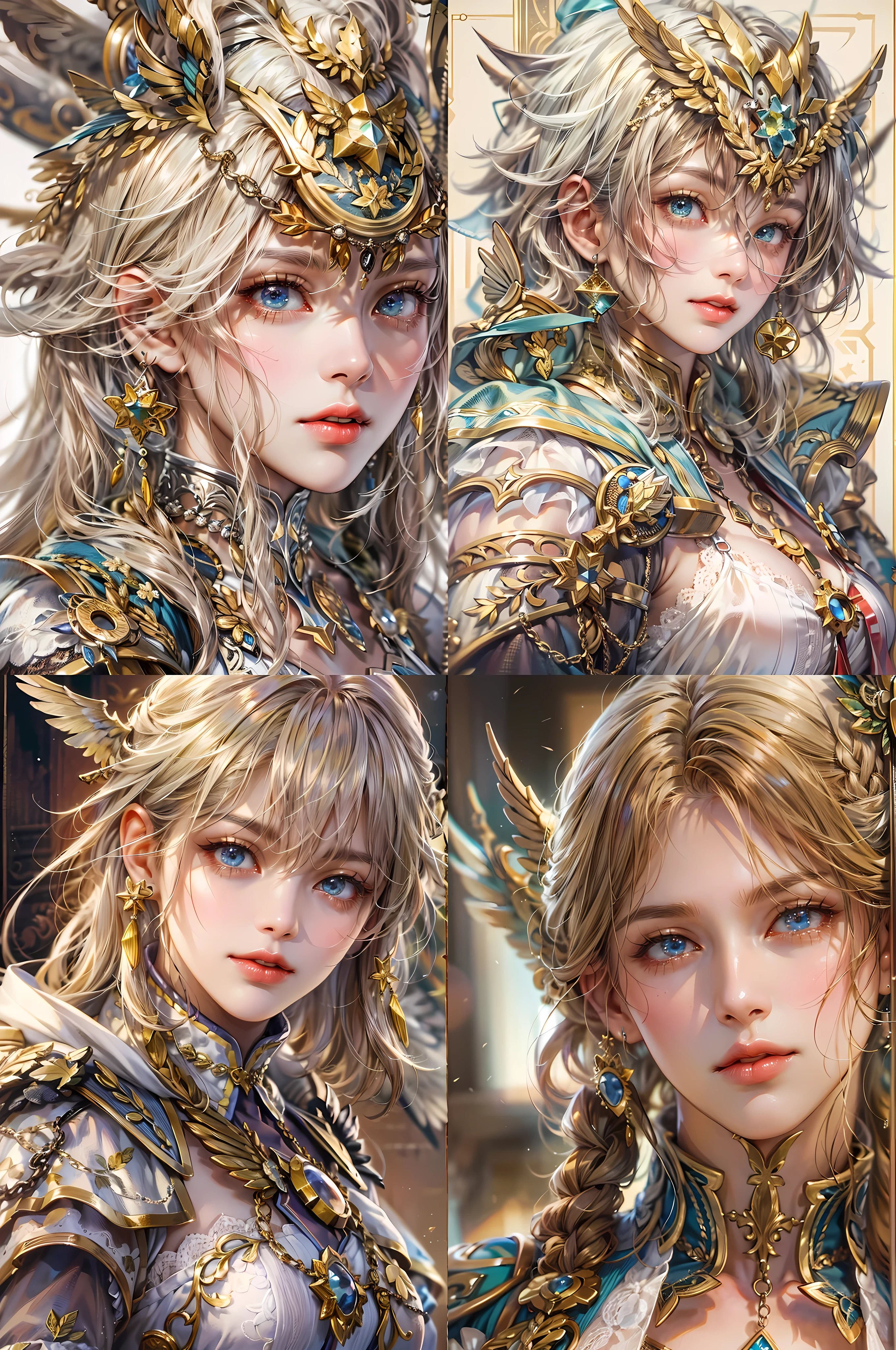 Character sheet, collage, multiple outfits, multiple poses, upper body, face close-up, marble statue of the moon goddess, pinkish blonde hair, well-proportioned long limbs, detailed face, masterpiece