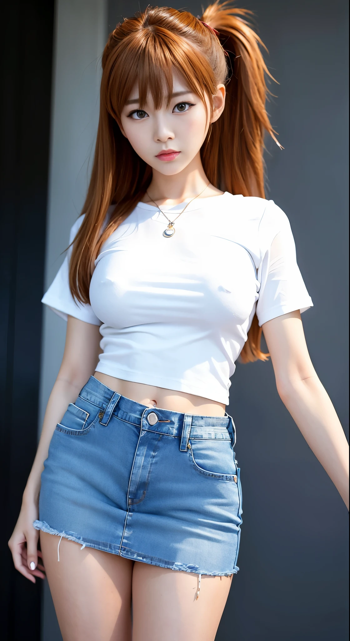 Araffe Asian woman wearing white shirt and denim miniskirt, She opens her legs and shows her panties.、Asuka Langley with ponytail、Realistic anime 3d style, korean girl, wears tight and simple clothes, wearing casual clothes, realistic!!!!!!! art style, tight shirt, wearing tight shirt, gorgeous young korean woman, 現実的なart style, her wardrobe is fascinating, Inspired by Shim Sa-jeong, ( ( ( wearing jeans ) ) )