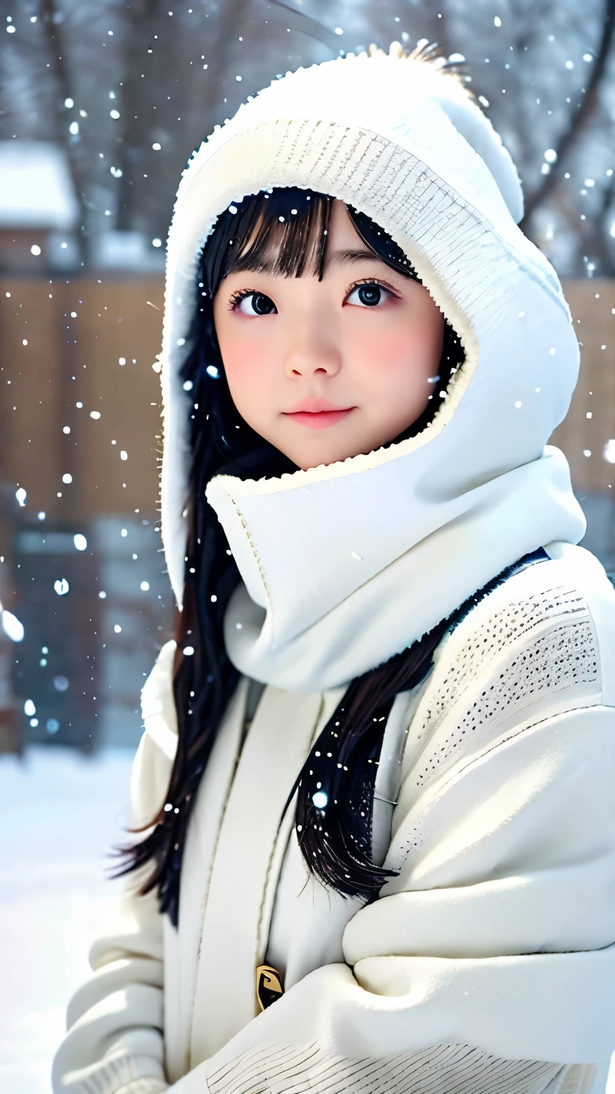 girl walking in the snow、heavy snowfall area、真っ白いsnow scene、Perfect cold protection、pure white military equipment、white knitwear、shining eyes、detailed clothing、Super detailed、highest quality、Super detailedな、Masseter muscle part:1.3、High resolution、8k、outdoors、snow scene、winter mountain climbing、