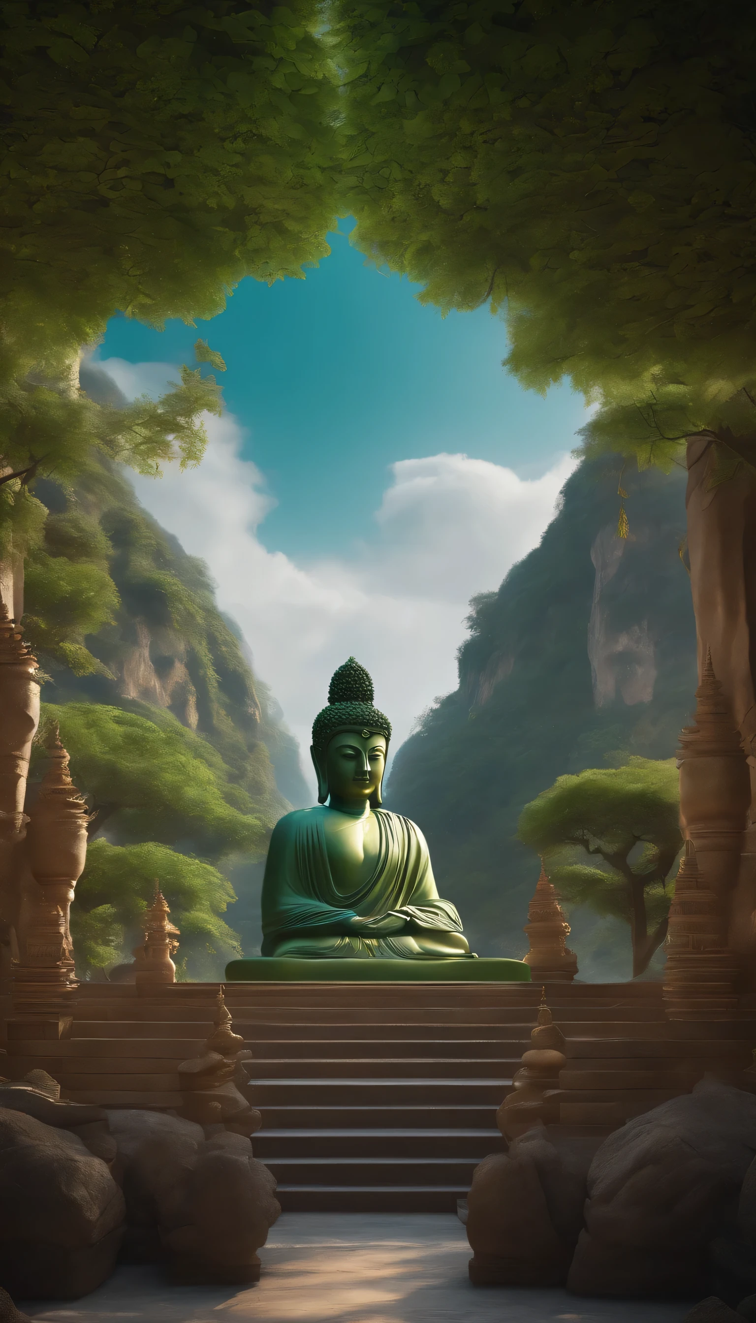 Arafad view with a large green Buddha statue on the mountain, 3D rendering and masking, amazing Exquisite matte painting, Matte for the human soul, Guanyin, Exquisite matte painting, Beautiful renderings of the Tang Dynasty, 4K matte painting, Luxurious matte spray paint, High quality matte spray paint, Beautiful matte painting, avatar scenery, Highly detailed and ultra-realistic visuals