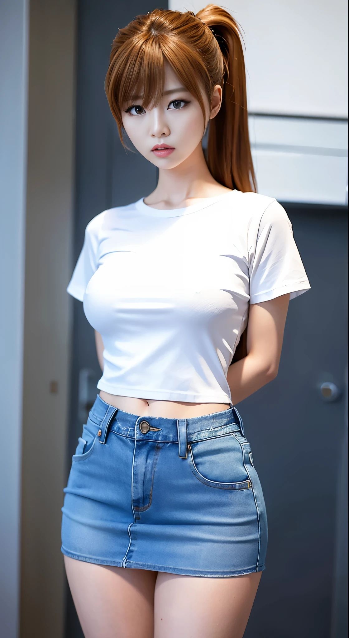 Araffe Asian woman wearing white shirt and denim miniskirt, She opens her legs and shows her panties.、Asuka Langley with ponytail、Realistic anime 3d style, korean girl, wears tight and simple clothes, wearing casual clothes, realistic!!!!!!! art style, tight shirt, wearing tight shirt, gorgeous young korean woman, 現実的なart style, her wardrobe is fascinating, Inspired by Shim Sa-jeong, ( ( ( wearing jeans ) ) )