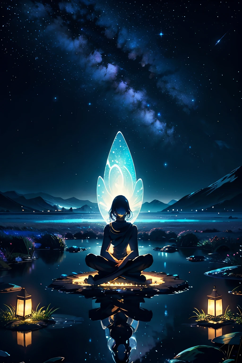 On this tranquil night, a brilliant starry sky captivates the senses, adorned with twinkling stars and constellations that seem to dance across the infinite canvas of the universe. In the midst of this cosmic wonder, an individual, dressed in flowing garments, sits serenely on the earth, their legs neatly folded and hands gently resting on their lap. Their posture exudes a profound sense of introspection and harmony with nature, as if they are one with the mystical energies of the universe. The dark background around them subtly illuminates the meditator with a scattering of radiant lights, bathing them in a enigmatic and ethereal glow. The