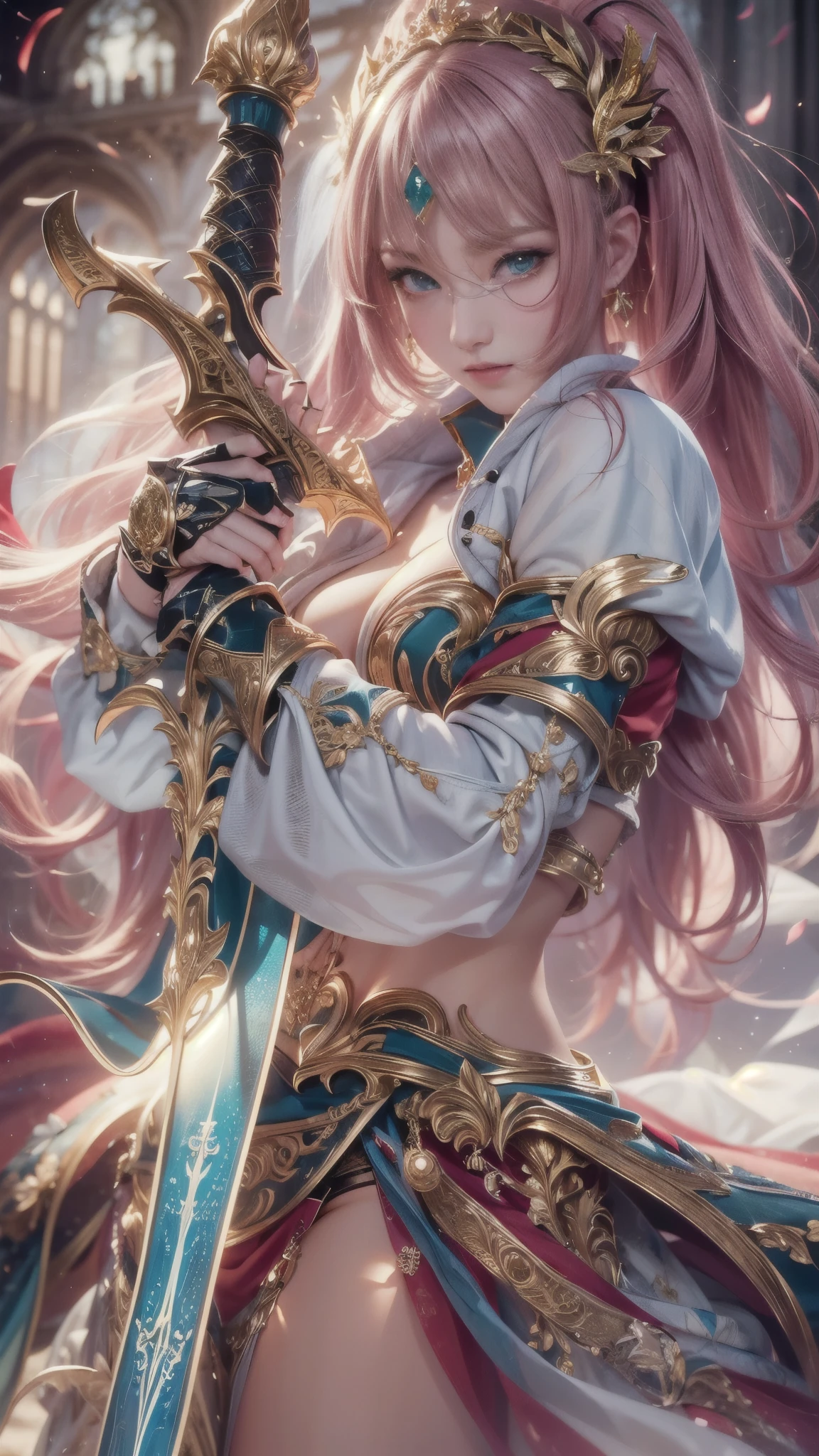 (RAW shooting:1.5, Photoreal:1.5, 8k, highest quality, masterpiece, ultra high resolution), medieval europe, world of magic and swords, perfect dynamic composition:1.2, Mysterious:1.3, Highly detailed skin and facial textures:1.3, cute and sexy slim female warrior, beautiful and aesthetic:1.1, cute and sexy beauty, perfect style, wear elaborate rings, Pose of raising a large sword:1.2, fire, water, Wind, thunder, ice, Fair skin, very beautiful face, (Medium chest, Chest gap), (embarrassing smile, The expression on your face when you feel intense caress, Facial expression when feeling pleasure), (sexy gold metallic armor:1.1, off shoulder, Navel exposure), (beautiful blue eyes, Eyes that feel beautiful eros:0.8), (Too erotic:0.9, Bewitching:0.9), full body shot, Ancient castle in the background