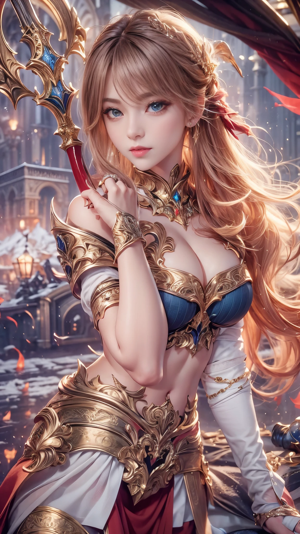 (RAW shooting:1.5, Photoreal:1.5, 8k, highest quality, masterpiece, ultra high resolution), medieval europe, world of magic and swords, perfect dynamic composition:1.2, Mysterious:1.3, Highly detailed skin and facial textures:1.3, cute and sexy slim female warrior, beautiful and aesthetic:1.1, cute and sexy beauty, perfect style, wear elaborate rings, Pose of raising a large sword:1.2, fire, water, Wind, thunder, ice, Fair skin, very beautiful face, (Medium chest, Chest gap), (embarrassing smile, The expression on your face when you feel intense caress, Facial expression when feeling pleasure), (sexy gold metallic armor:1.1, off shoulder, Navel exposure), (beautiful blue eyes, Eyes that feel beautiful eros:0.8), (Too erotic:0.9, Bewitching:0.9), full body shot, Ancient castle in the background