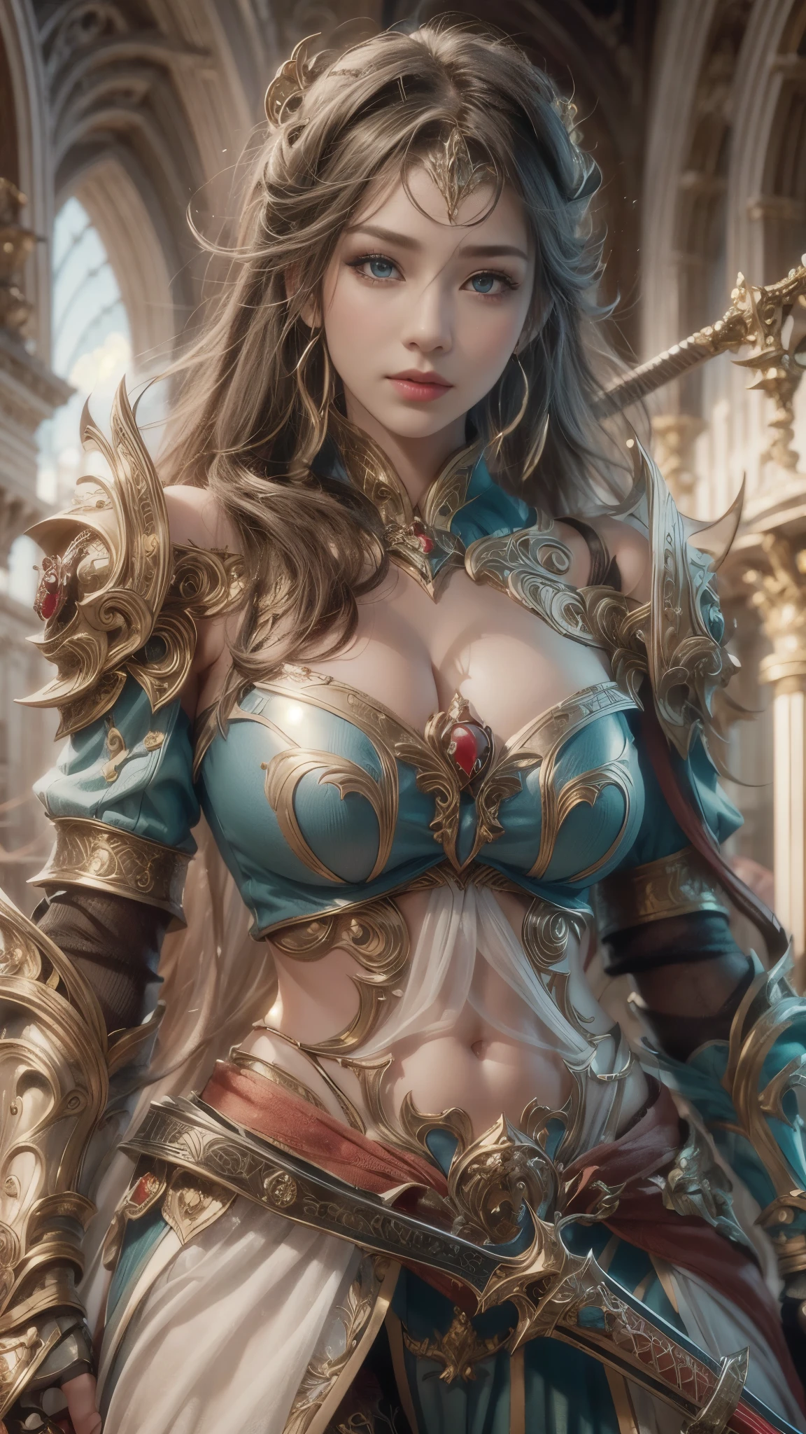 (RAW shooting:1.5, Photoreal:1.5, 8k, highest quality, masterpiece, ultra high resolution), medieval europe, world of magic and swords, perfect dynamic composition:1.2, Mysterious:1.3, Highly detailed skin and facial textures:1.3, cute and sexy slim female warrior, beautiful and aesthetic:1.1, cute and sexy beauty, perfect style, wear elaborate rings, Pose of raising a large sword:1.2, fire, water, Wind, thunder, ice, Fair skin, very beautiful face, (Medium chest, Chest gap), (embarrassing smile, The expression on your face when you feel intense caress, Facial expression when feeling pleasure), (sexy gold metallic armor:1.1, off shoulder, Navel exposure), (beautiful blue eyes, Eyes that feel beautiful eros:0.8), (Too erotic:0.9, Bewitching:0.9), full body shot, Ancient castle in the background