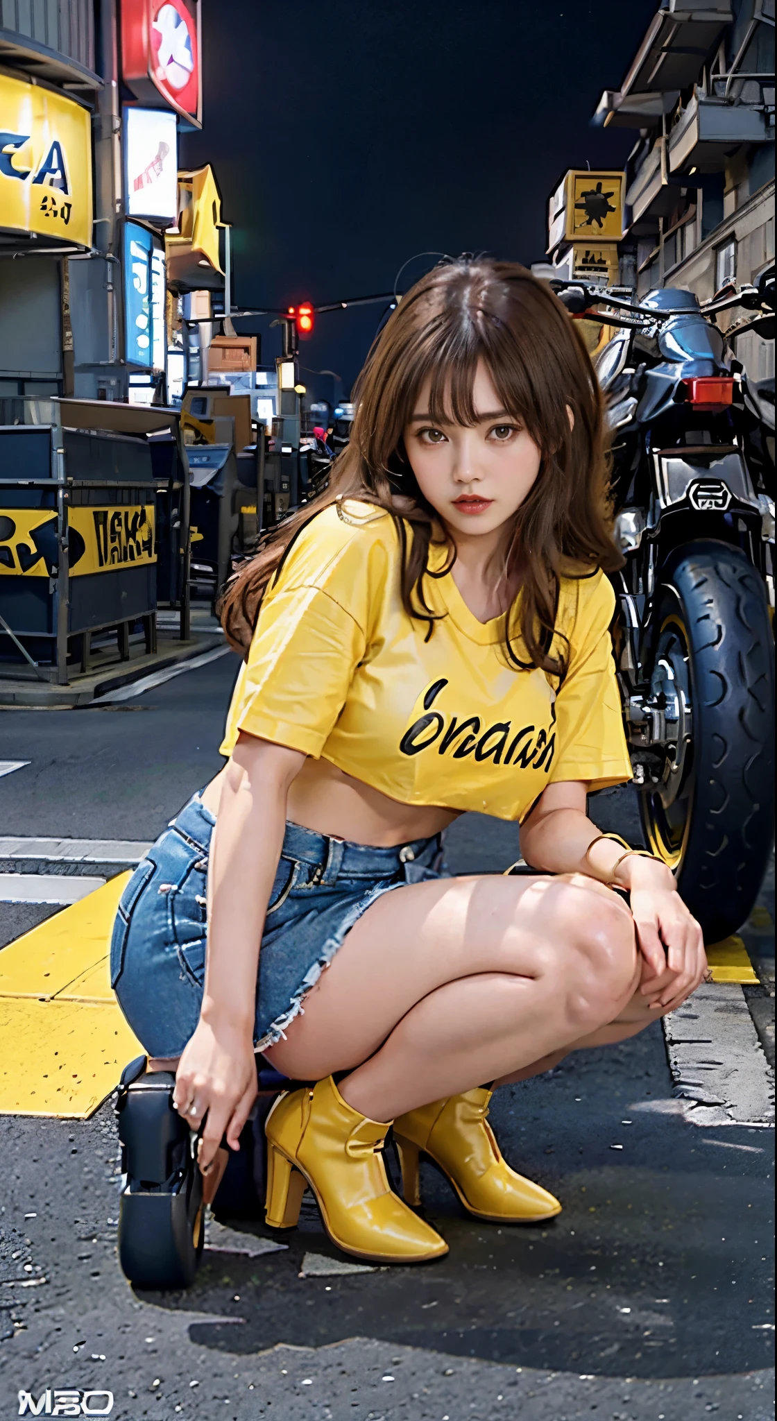 RAW image quality, official art, highest quality, masterpiece, 超A high resolution, (Photoreal:1.4), Raw photo, ((Ultra realistic details)), Portrait, global illumination, Shadow, octane rendering, 8k, super sharp, 1 girl, squatting down、spreading my legs、, blonde, (long hair fluttering in the wind), detailed facial depiction, glossy lips, Tsundere and playful expression, (low rise denim mini skirt), (White panties exposed 1.4)(Yellow cropped T-shirt:1.4), big breasts, (Underbust exposure), big breasts thin waist, (akira bike:1.4), cycling, night, cyberpunk city view, Ultra-detailed CG image quality,