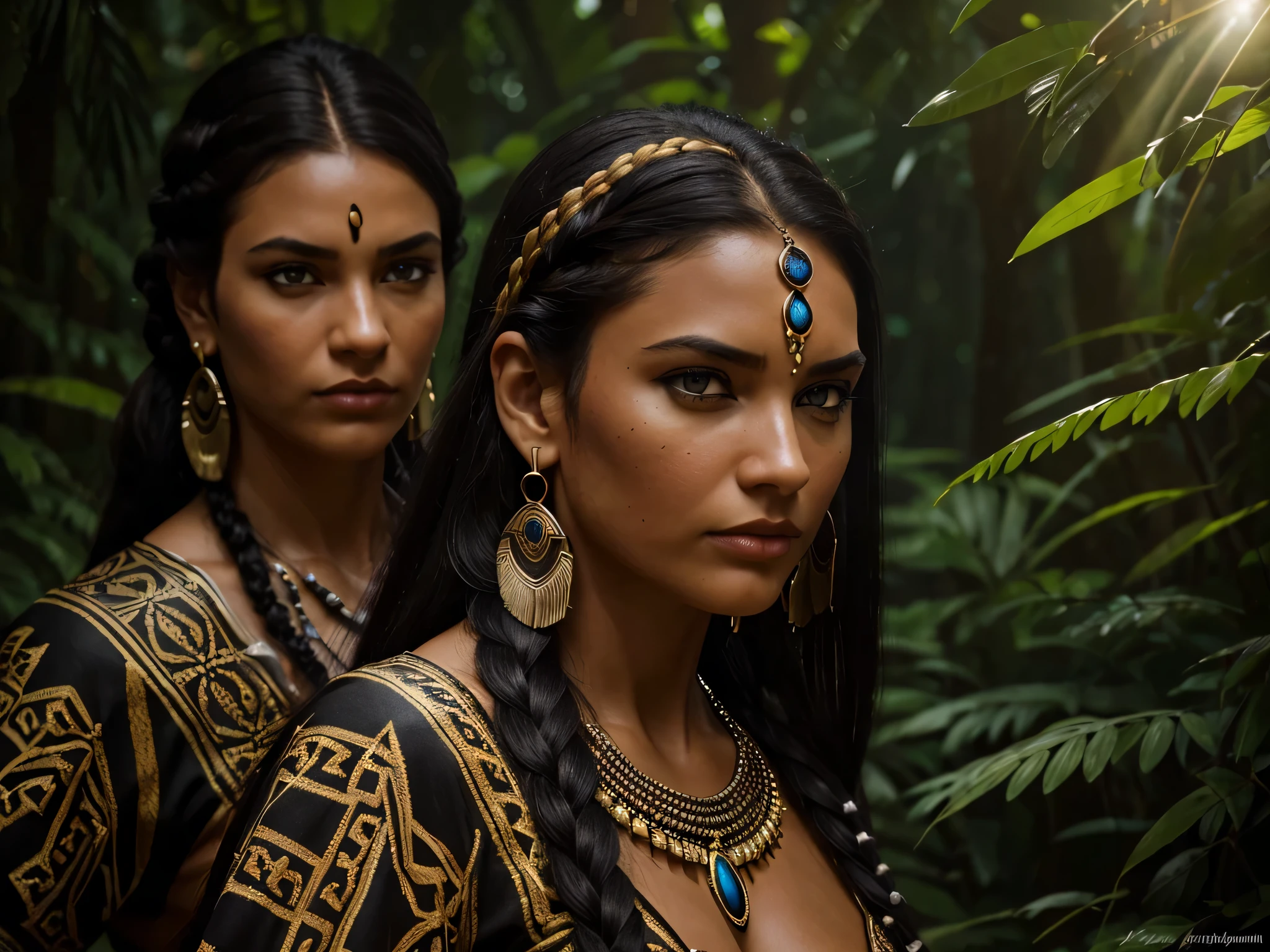 ((Realistic:1.5)), ((Best quality)), ((Masterpiece)), ((detailed)), (photorealism), (Exact proportions), (Ultra wide angle lens), (detailed face, Beautiful black eyes, detailed pupils, clear background: 1,3), ((several girls in full height)), dark-skinned North American savages in primitive jaguar skirts sneak with spears, ((native North American appearance)), wild hunters dressed as wild jaguars sneak with spears, moist oily skin, (decorated wild jaguar costume), embellished statement necklace, massive embellished bracelets, massive earrings, large toned breasts, hidden by decorations, long legs, wide steep hips, Strong Trained Body, Long thick black hair braided into a braid, wide cheekbones, plump lips, Focused gaze, night, night sky, night forest, dense thickets, jungle, best shadow, bright details, perfect composition, sharp focus, end of the world