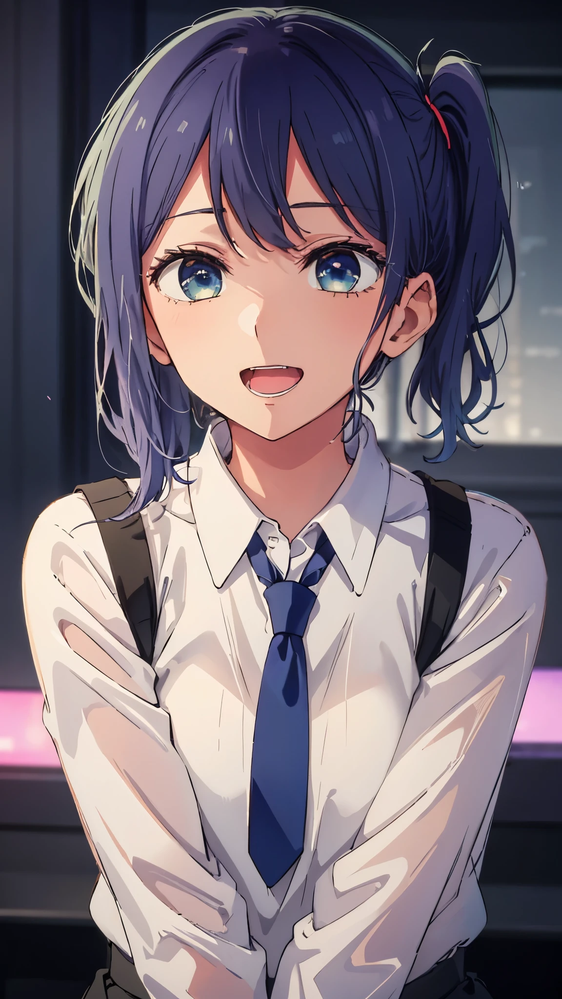 beautiful lighting, 1 girl, alone, Akane, white shirt, sweater vest, black vest, blue tie, ((anime style))、((2D))、laughter、open your mouth、(((side ponytail)))