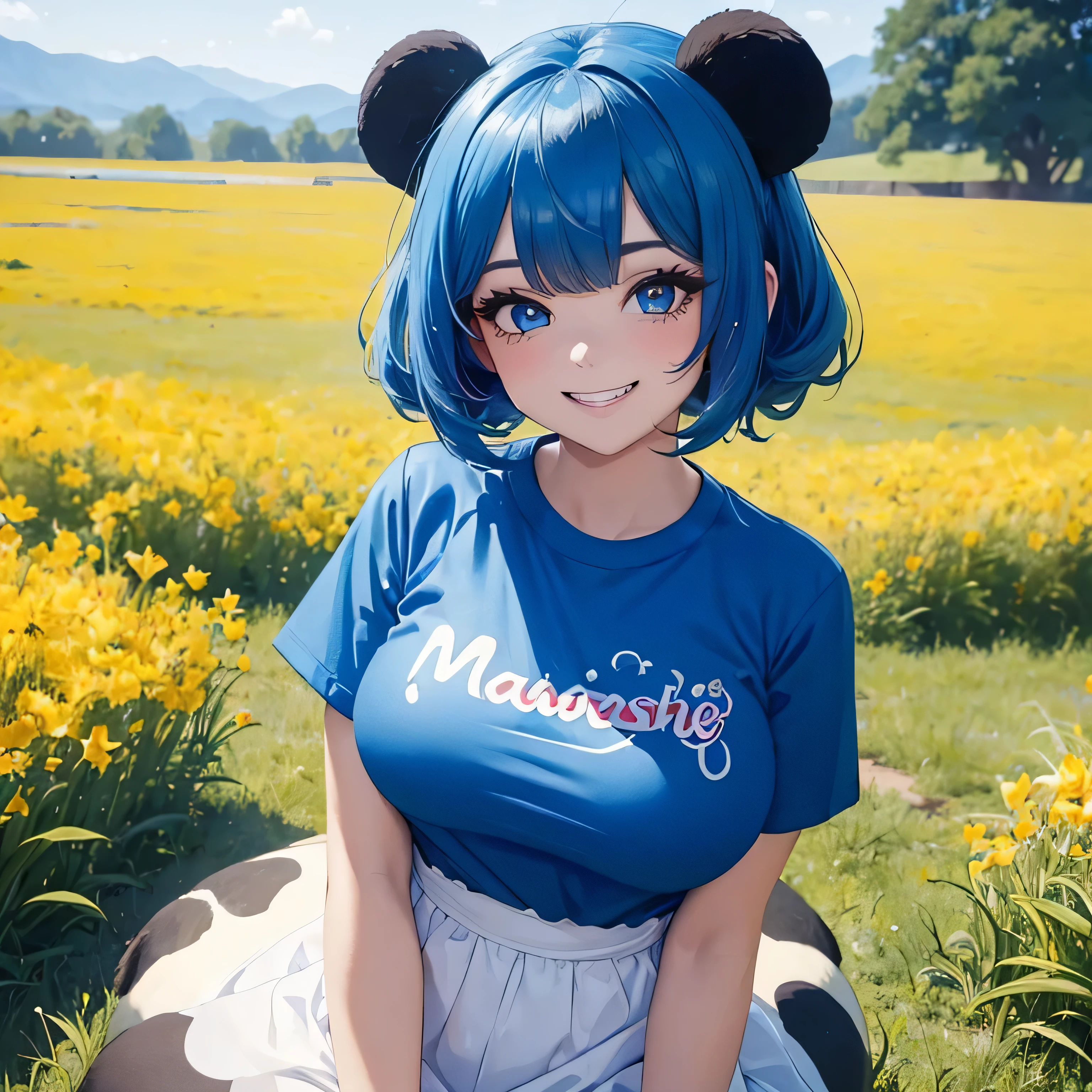 ((highest quality,8k, 32K,masterpiece:1.2)), girl, grin and laugh, panda ears, big breasts, blue hair, blue eyeshadow, blue t-shirt, on site