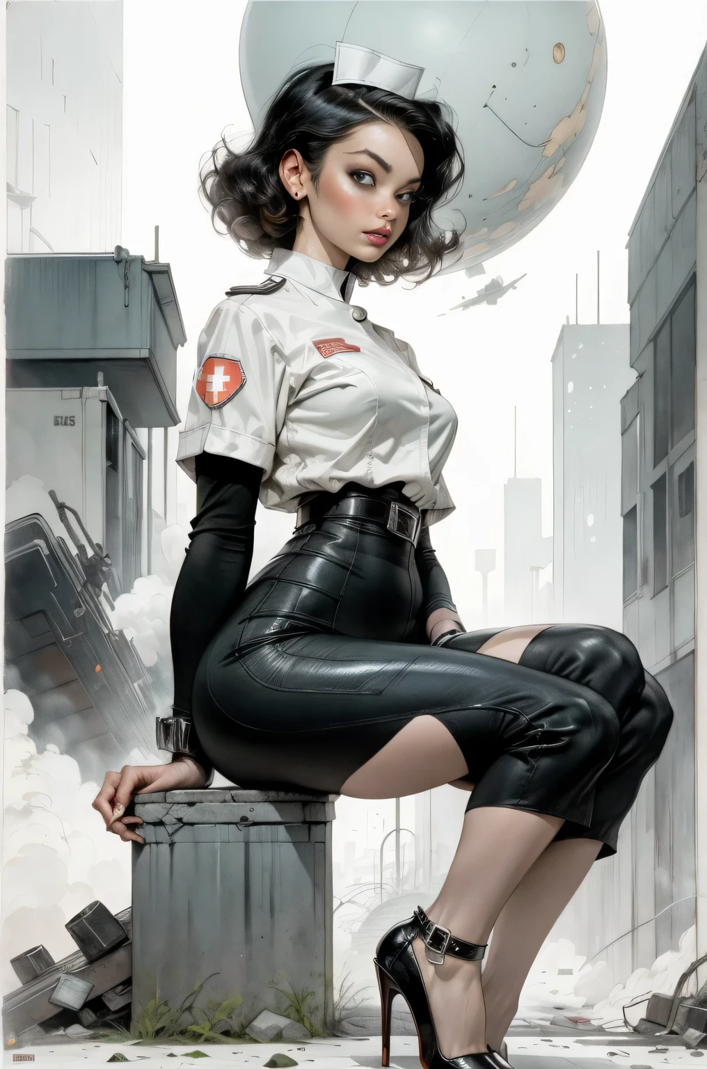 (Masterpiece, Best Quality), 8k Wallpaper, highly detailed, poster, vintage sci-fi film, 1960s, a magazine cover with sexy giant nurse towering over a tiny city, a portrait by Paul Kane, cinematic movie poster, perfect face, Attack of the 50 foot woman, giant woman, tiny city, lines, abstract, mid century modern, movie poster, vintage, white nurse uniform, stiletto high heel shoes, tiny destroyed skyscrapers city, retrofuturism, pulp sci fi, pulp sci-fi, 60's pulp illustration, scifi pulp, pulp book cover art, pulp scifi, old retro pulp comic cover, pulp science fiction, pulp scifi illustration, vintage scifi, skyscrapers sized under her knee