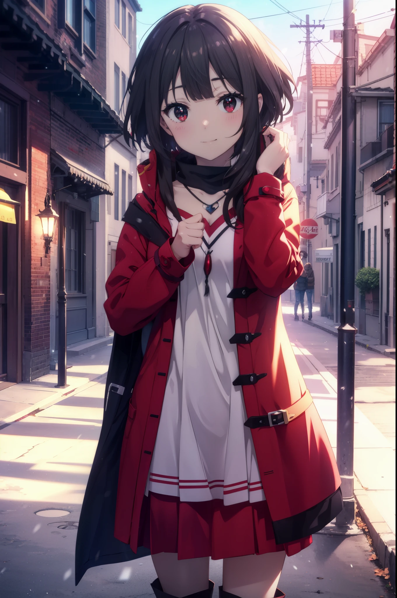 konosubaMegumin, Megumin, short hair, black hair, (red eyes:1.3), short hair with long locks,smile,blush,red long coat　There is an open front,heart shaped necklace,white sweater,black muffler,long skirt,short boots,winter,cold sky,It&#39;s snowing,snow is falling,
break outdoor, In town,building street,
break looking at viewer, (cowboy shot:1.5),
break (masterpiece:1.2), highest quality, High resolution, unity 8k wallpaper, (figure:0.8), (detailed and beautiful eyes:1.6), highly detailed face, perfect lighting, Very detailed CG, (perfect hands, perfect anatomy),