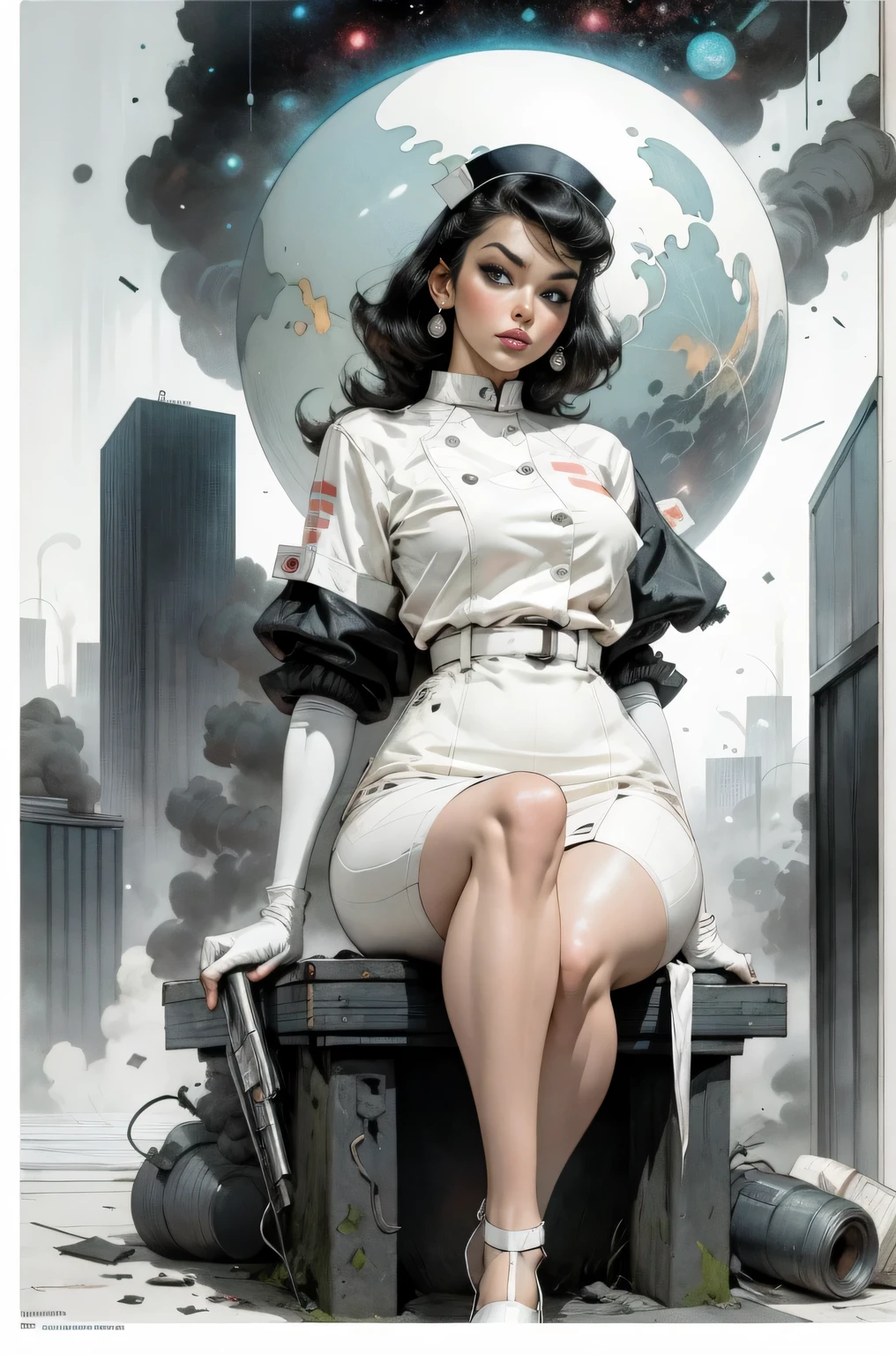 (Masterpiece, Best Quality), 8k Wallpaper, highly detailed, poster, vintage sci-fi film, 1960s, a magazine cover with sexy giant nurse towering over a tiny city, a portrait by Paul Kane, cinematic movie poster, perfect face, Attack of the 50 foot woman, giant woman, tiny city, lines, abstract, mid century modern, movie poster, vintage, white nurse uniform, stiletto high heel shoes, tiny destroyed skyscrapers city, retrofuturism, pulp sci fi, pulp sci-fi, 60's pulp illustration, scifi pulp, pulp book cover art, pulp scifi, old retro pulp comic cover, pulp science fiction, pulp scifi illustration, vintage scifi, skyscrapers sized under her knee
