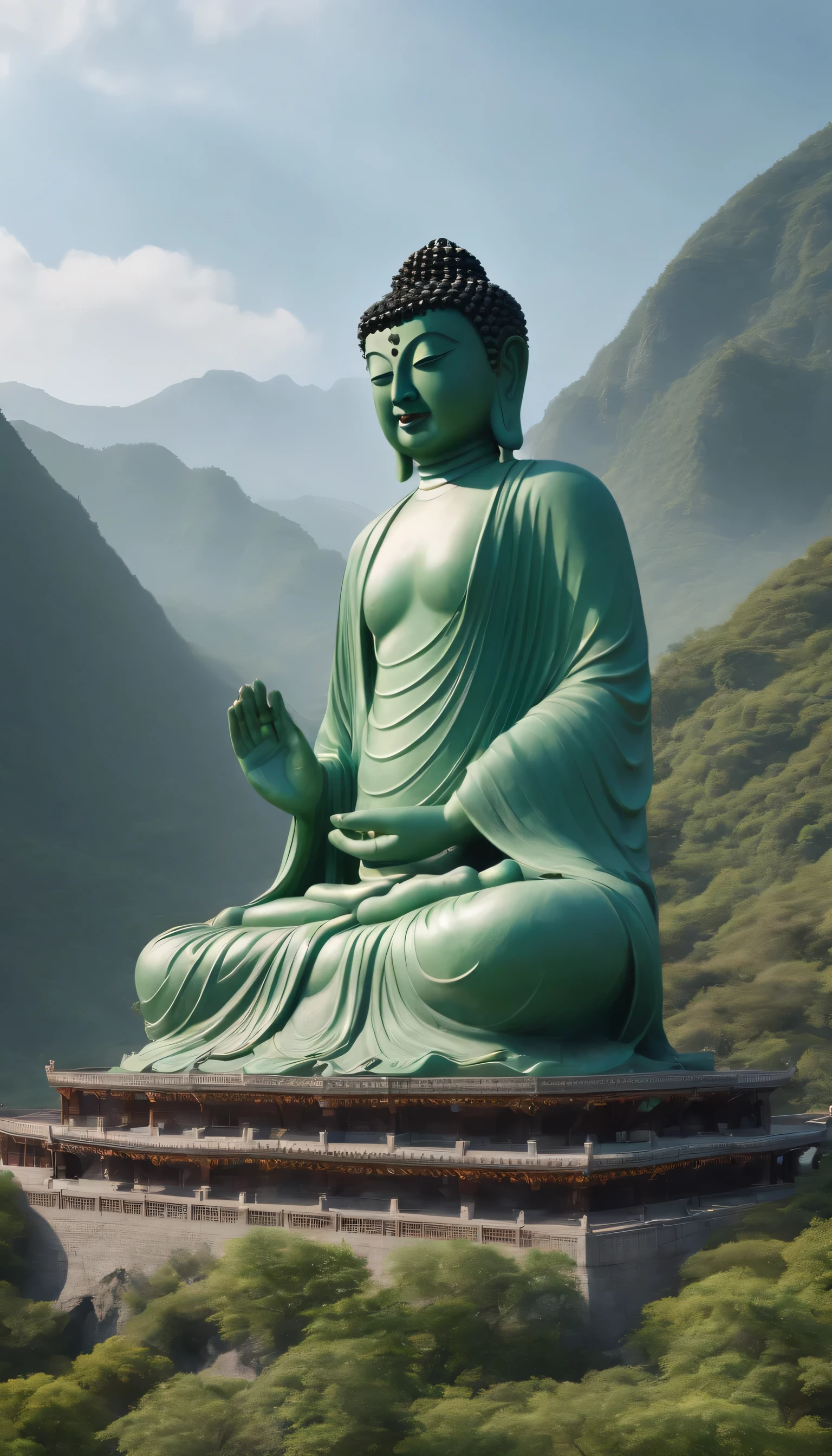 Arafad view with a large green Buddha statue on the mountain, 3D rendering and masking, amazing Exquisite matte painting, Matte for the human soul, Guanyin, Exquisite matte painting, Beautiful renderings of the Tang Dynasty, 4K matte painting, Luxurious matte spray paint, High quality matte spray paint, Beautiful matte painting, avatar scenery, Highly detailed and ultra-realistic visuals