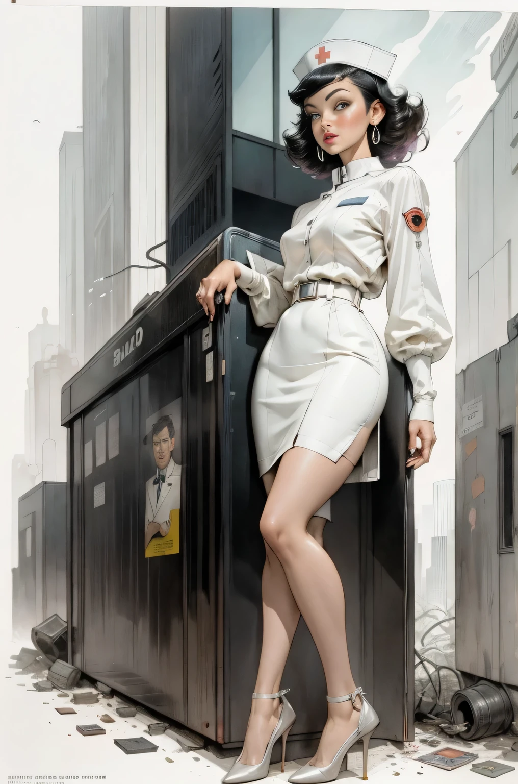 (Masterpiece, Best Quality), 8k Wallpaper, highly detailed, poster, vintage sci-fi film, 1960s, a magazine cover with sexy giant nurse towering over a tiny city, a portrait by Paul Kane, cinematic movie poster, perfect face, Attack of the 50 foot woman, giant woman, tiny city, lines, abstract, mid century modern, movie poster, vintage, white nurse uniform, stiletto high heel shoes, tiny destroyed skyscrapers city, retrofuturism, pulp sci fi, pulp sci-fi, 60's pulp illustration, scifi pulp, pulp book cover art, pulp scifi, old retro pulp comic cover, pulp science fiction, pulp scifi illustration, vintage scifi, skyscrapers sized under her knee