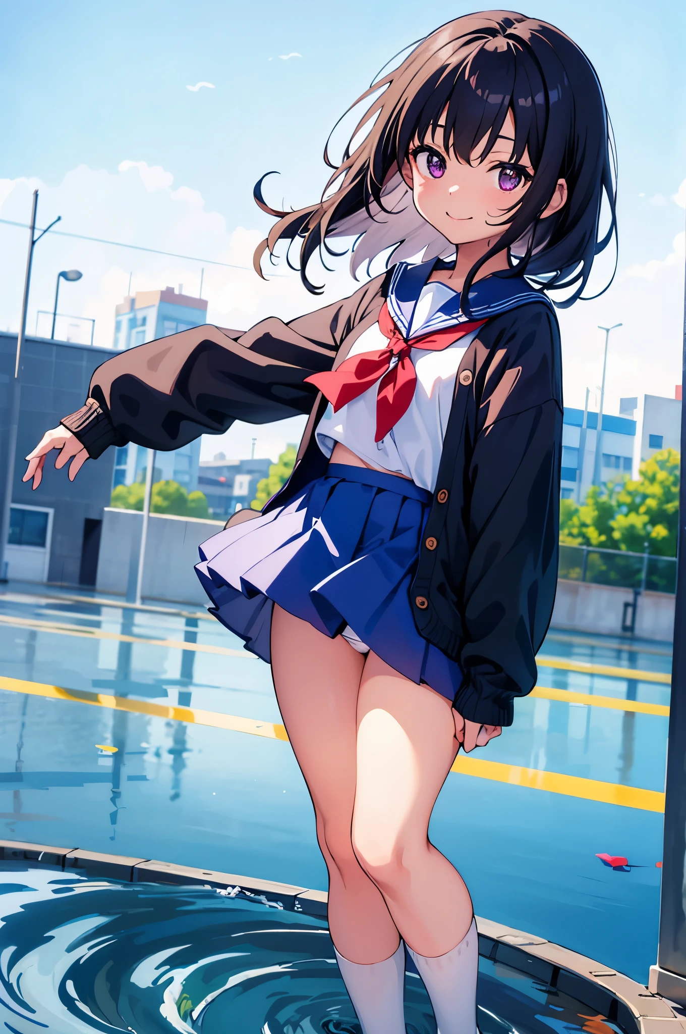 Park after rain large puddles 8-year-old flat chest blhair g hair eyes are purple smile ((1 person)) Cardigan on top of white long-sleeved sailor uniform Lower body navy blue miniskirt white panties white socks sports boots standing in front of a puddle ((white pantiesが見える)) from the front dynamic angle Low - Angle