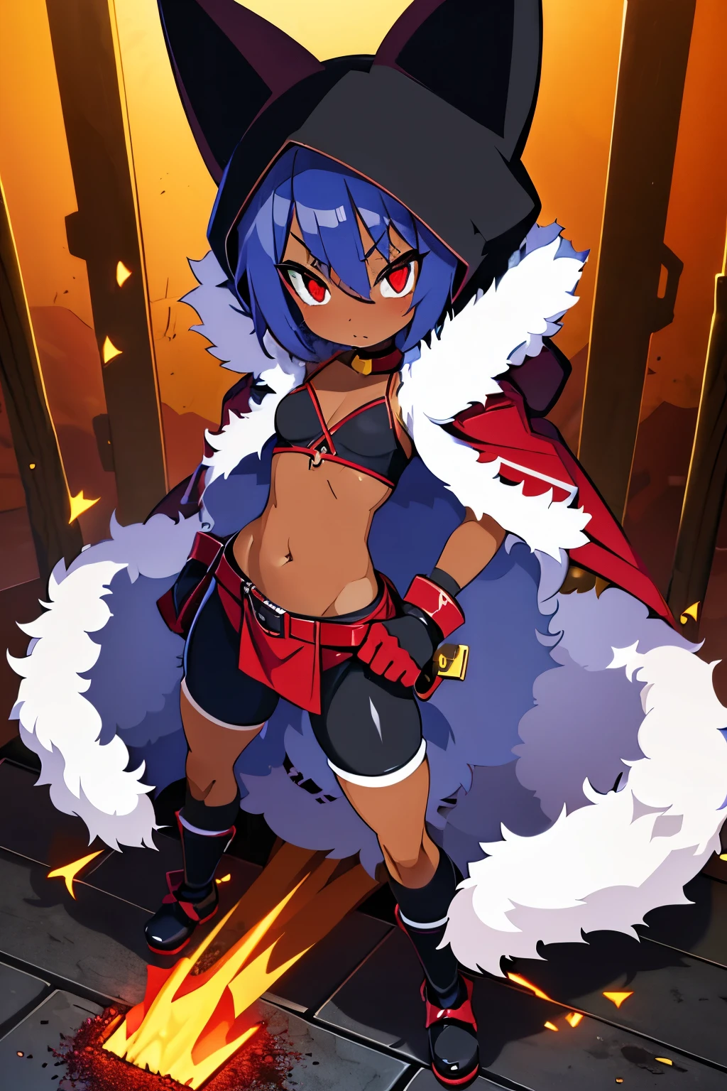 Dwarf Pygmy Slender Cat eyes Triangular mouth Red cheeks Short messy blue hair Hidden ears Amber eyes Black pupils Dark skin Sunburn scars Bandage Vest Bottoms Choker Leather gloves Leather shoes Belt White fur hood robe Loincloth Fur Tail Ribs Belly button Thighs Tight bite