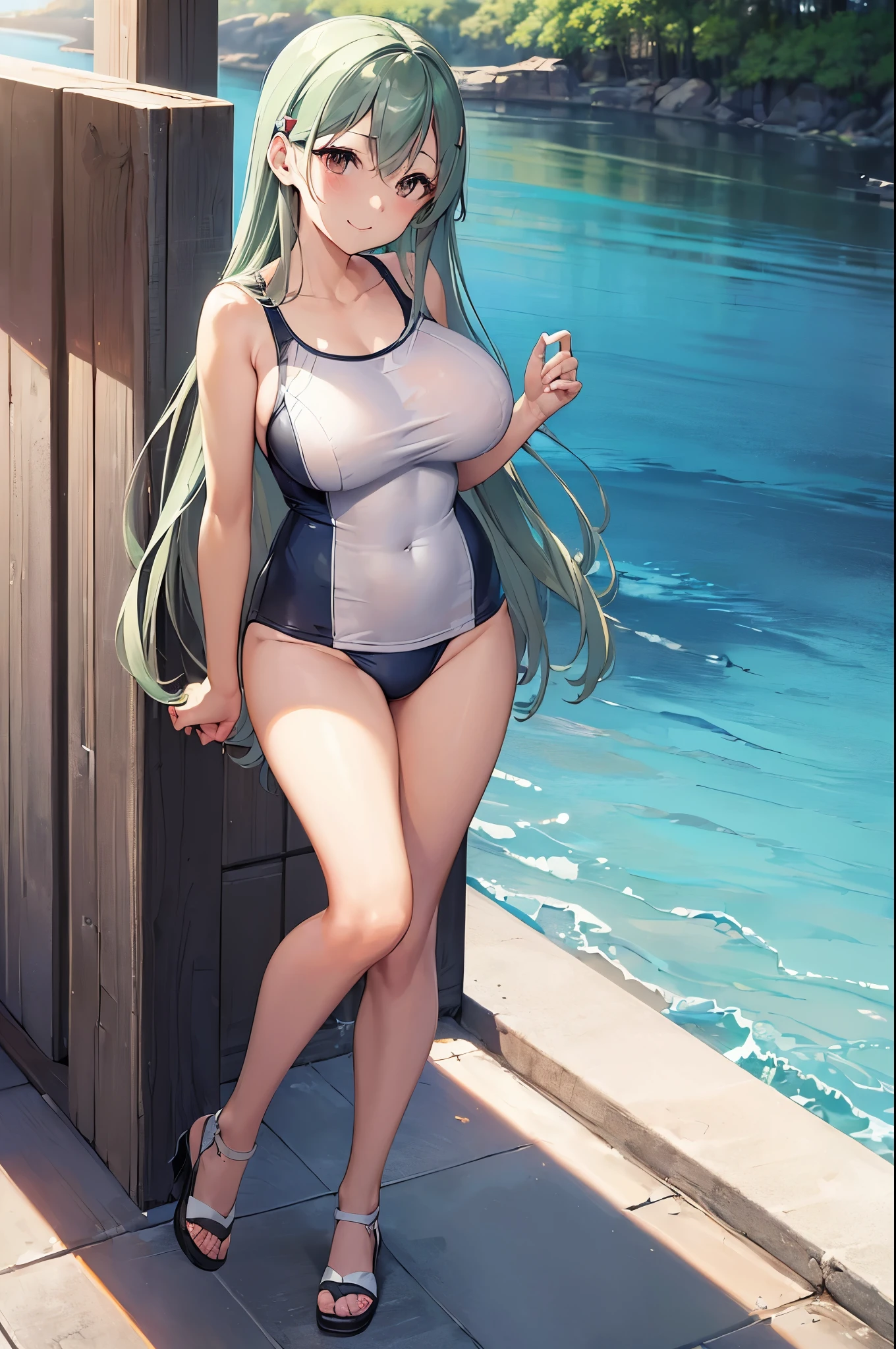 (((masterpiece))),(((high resolution)))、((Swimsuit))、((Kantai Collection Suzuya))、((school swimwear))、Swimsuit、big breasts、white skin、Fleshy、Standing and staring at me、bewitching smile、NSFW