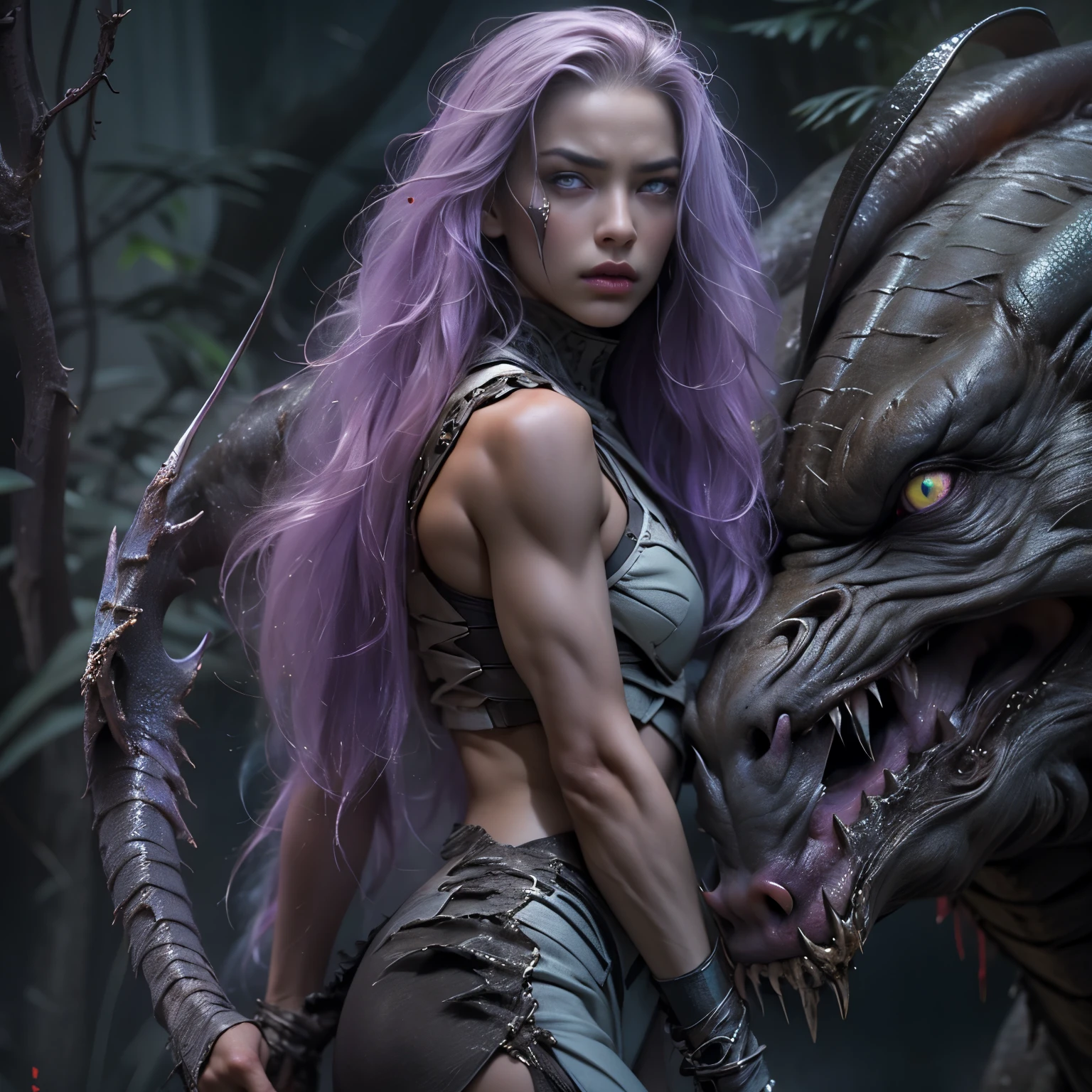 1 female alien, The predator, (extremely beautiful:1.2), (intense gaze:1.4), (predator:1.1), long dark claws, (NSFW:1), nipples, thick eyebrows, (She has shining purple eyes:1.2), the most beautiful face in the universe, platinum hair, symmetrical beautiful eyes, hyper detailed eyes,
A woman predator with an extremely beautiful face, her intense gaze fixed on her prey, a primal force that could not be denied.
(beautiful lean body:1.5), (muscular build:1.2), (prowling:1.3), (sleek movements:1.4)
Her beautiful body, muscular and toned, moved with sleek grace as she prowled, ready to strike at a moment's notice. The predator within her was always on,
cinematic drawing of characters, ultra high quality model, cinematic quality, detail up, (Intricate details:1.2), High resolution, High Definition, drawing faithfully, Official art, Unity 8K wall , 8K Portrait, Best Quality, Very High resolution, ultra detailed artistic photography,