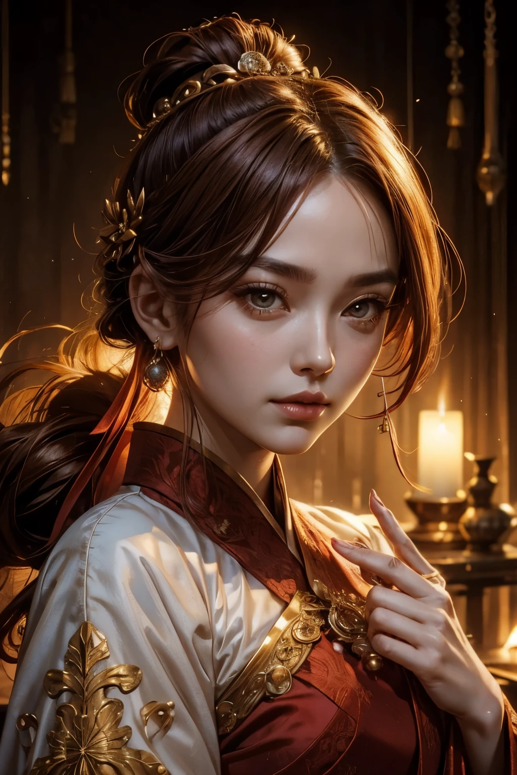 red hanfu，Complex golden crown，Pearly and round，Ladylike，Facial fullness，bright eyes，bun hair