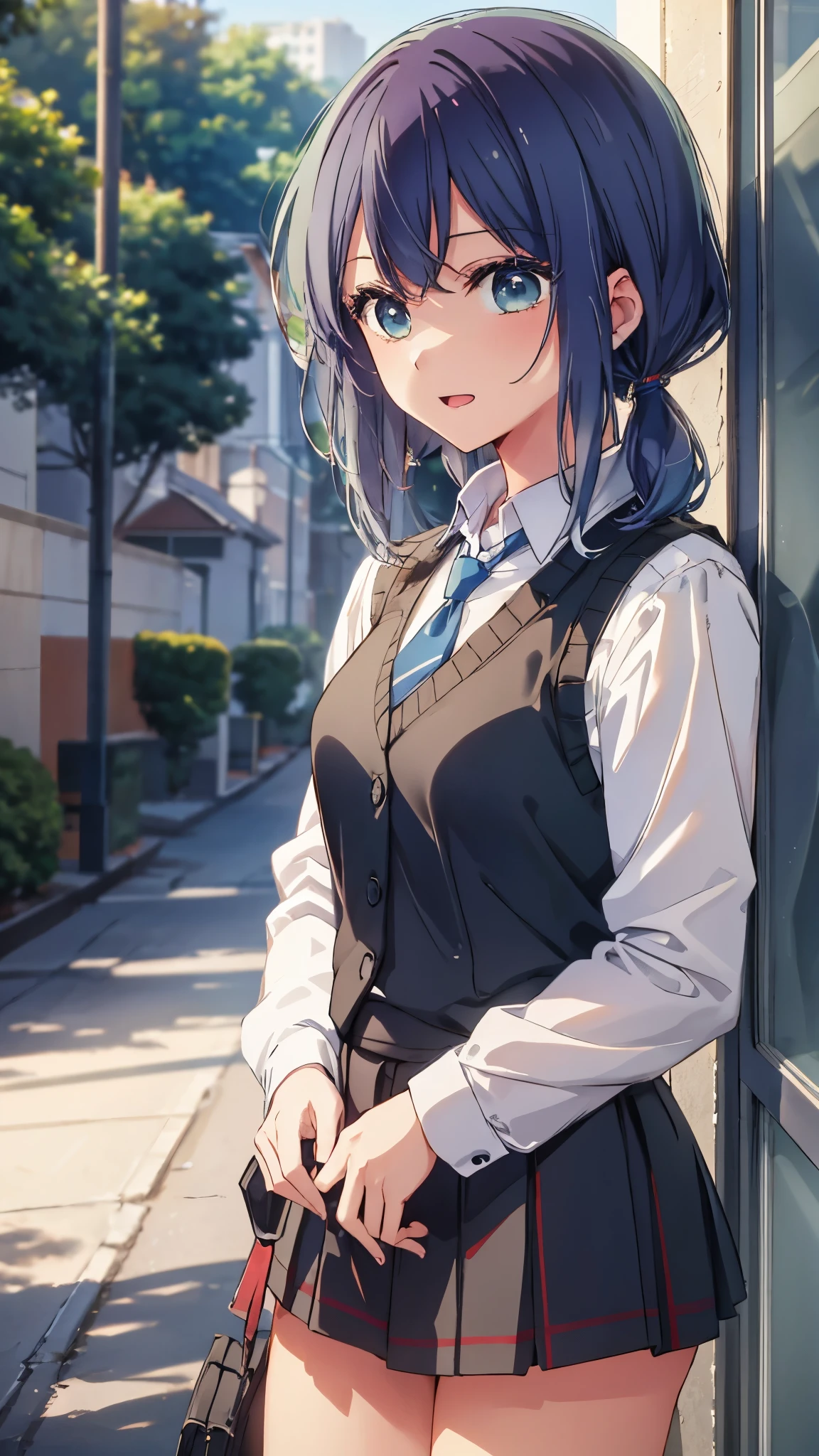 beautiful lighting, 1 girl, alone, Akane, white shirt, sweater vest, black vest, blue tie, ((anime style))、((2D))、laughter、open your mouth、(((side twin tails)))