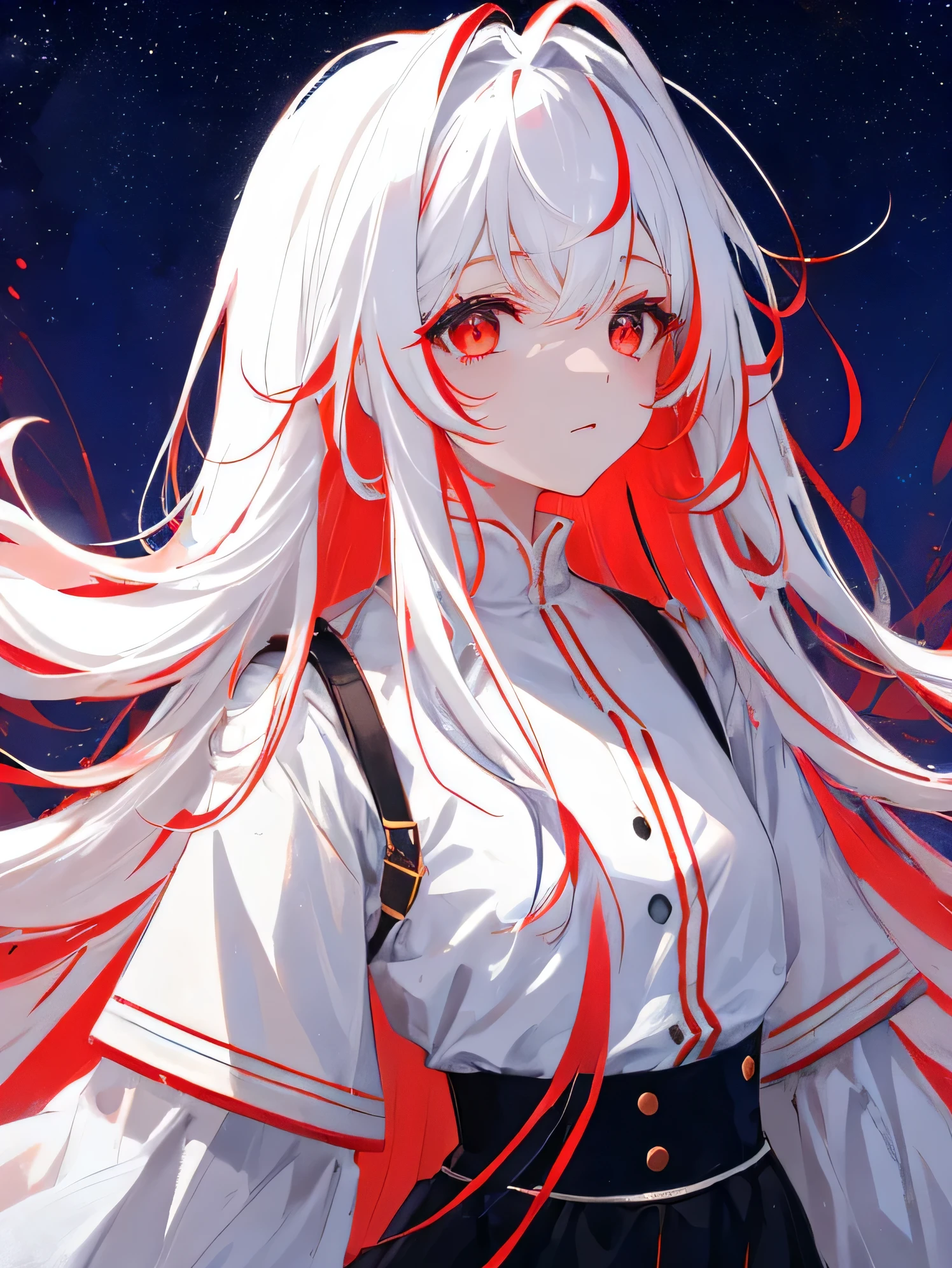 need, exquisite details, color difference, 1 girl, white long hair, brunette colored hair, messy hair, red highlights, red eyes, sharp keen eyes, neon shirt, a dream-like scene,Sky City,beautiful starry sky