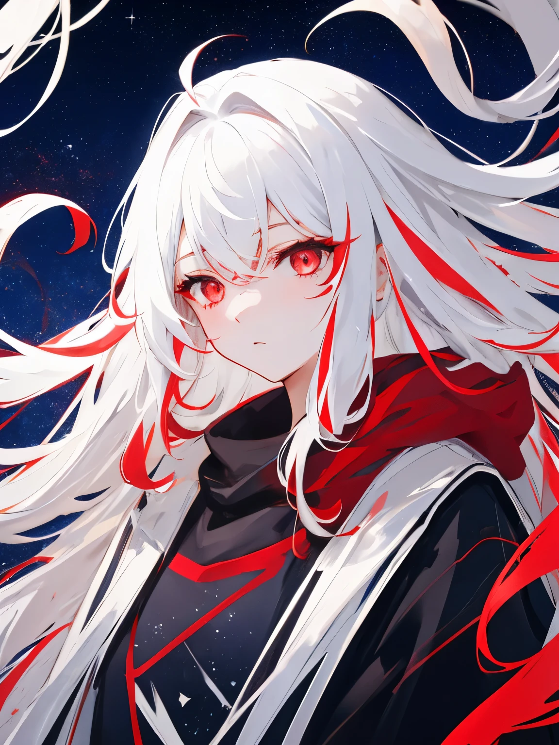need, exquisite details, color difference, 1 girl, white long hair, brunette colored hair, messy hair, red highlights, red eyes, sharp keen eyes, neon shirt, dream-like scene,sky city,beautiful starry sky