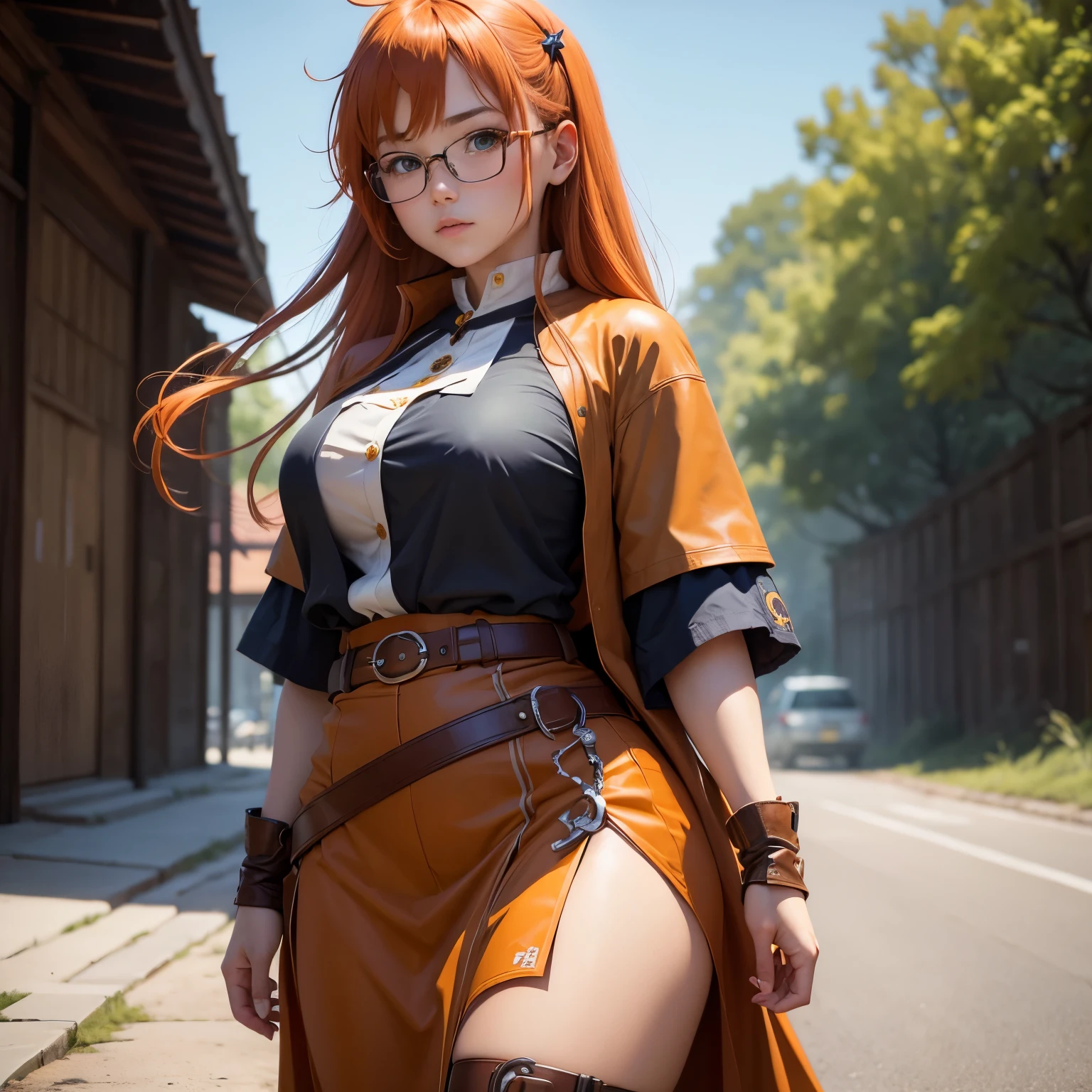 8k, masterpiece, best quality, realistic, higly detailed, cowboy shot, 1girl, solo, Itsuki Nakano, serious looking girl, medium-length hair, expressive ahoge, reddish-orange hair colour, a pair of star-shaped hairpins near both of her eyes, dark blue eyes, average height, well-endowed figure, wears glasses, cute, Rogue