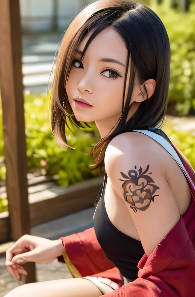 1girl, Wearing a jumpsuit, a corset, , appealing cleavage,( beautiful tattoo:1.2), overhead view, beautiful detailed eyes, beautiful detailed lips, extremely detailed eyes and face, long eyelashes, feminine charm, detailed texture, snug fit, fashionable, soft fabric, radiant skin, (best quality,4k,8k,highres,masterpiece:1.2), ultra-detailed, (realistic,photorealistic,photo-realistic:1.37),nanami