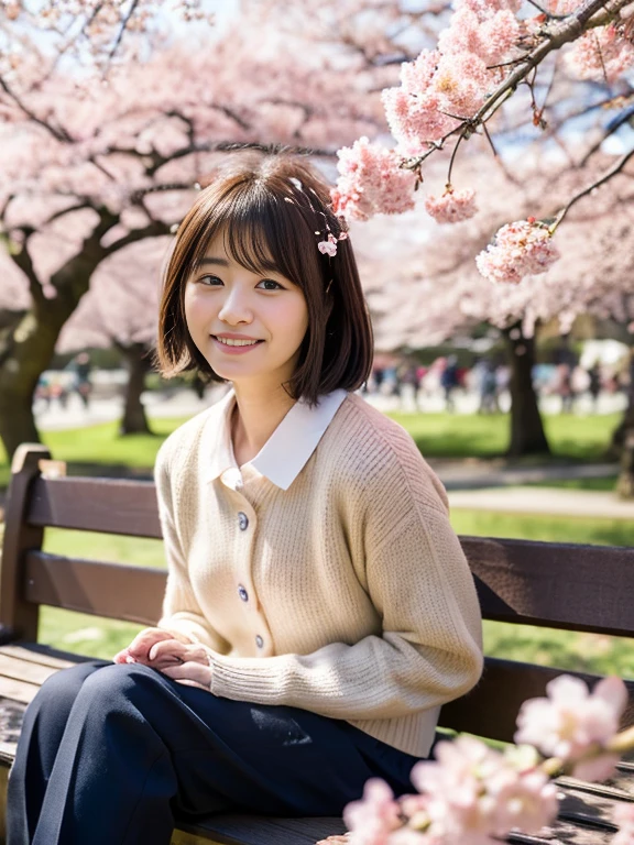 Middle-aged Japanese cute girl sitting on a bench in Yoyogi Park, Tokyo during cherry blossom season, facial expression content, Sakura trees in full bloom in background, petals falling gently, soft focus on foreground, background in high resolution, natural light, UHD photo