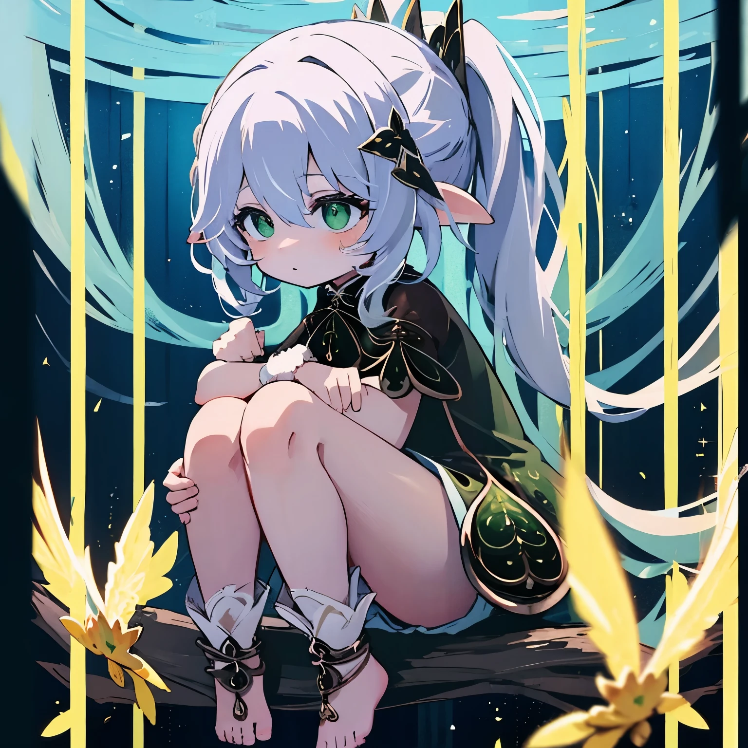Unilateral ponytail,White hair,hat,Pointy elf ears,Green forest background,barefoot