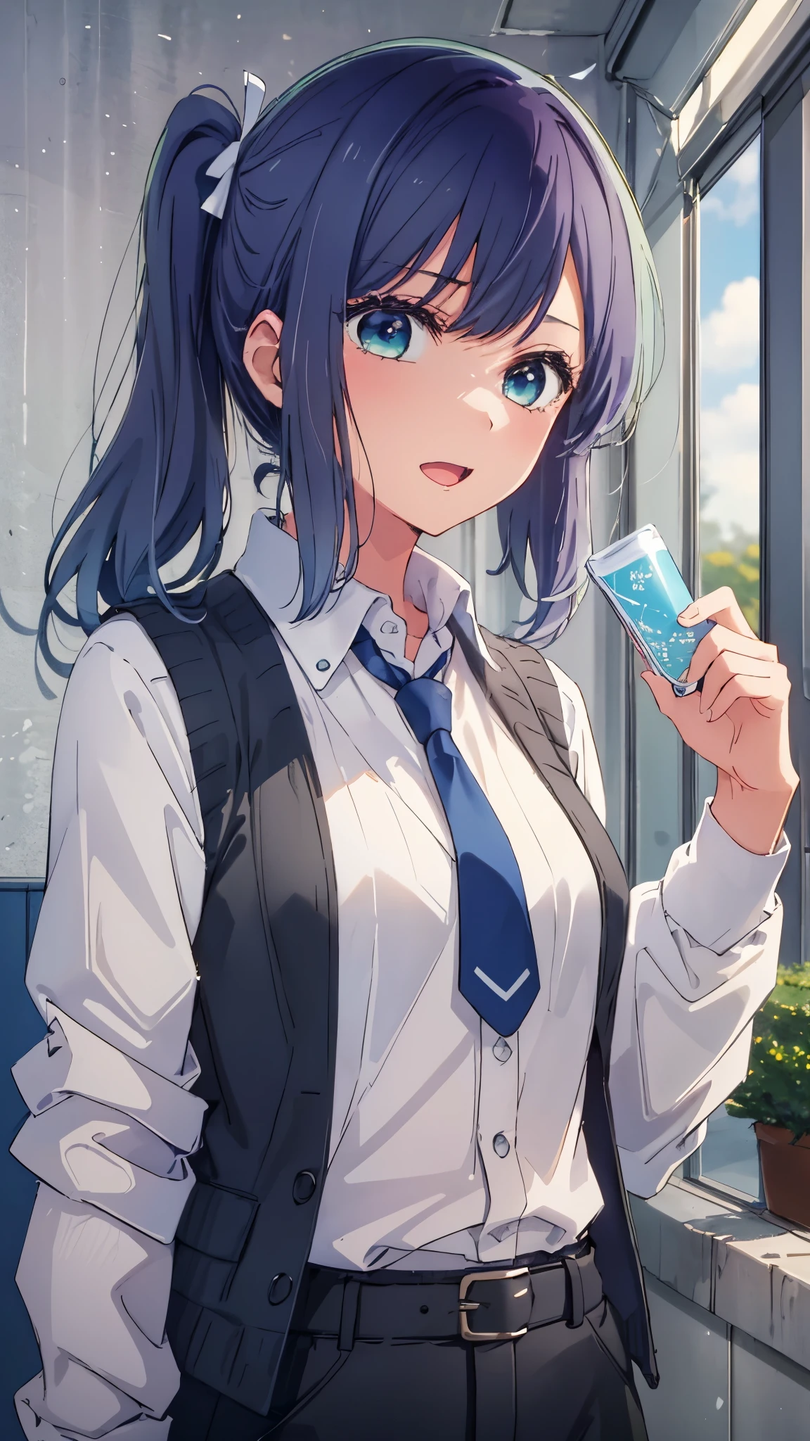 beautiful lighting, 1 girl, alone, Akane, white shirt, sweater vest, black vest, blue tie, ((anime style))、((2D))、laughter、open your mouth、(((side ponytail)))