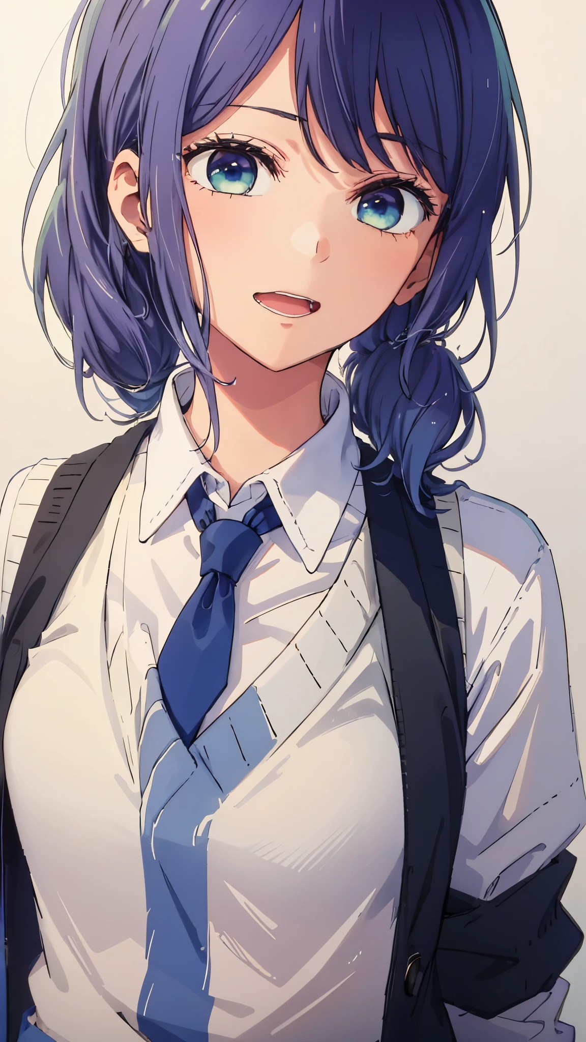 beautiful lighting, 1 girl, alone, Akane, white shirt, sweater vest, black vest, blue tie, ((anime style))、((2D))、laughter、open your mouth、(((side ponytail)))