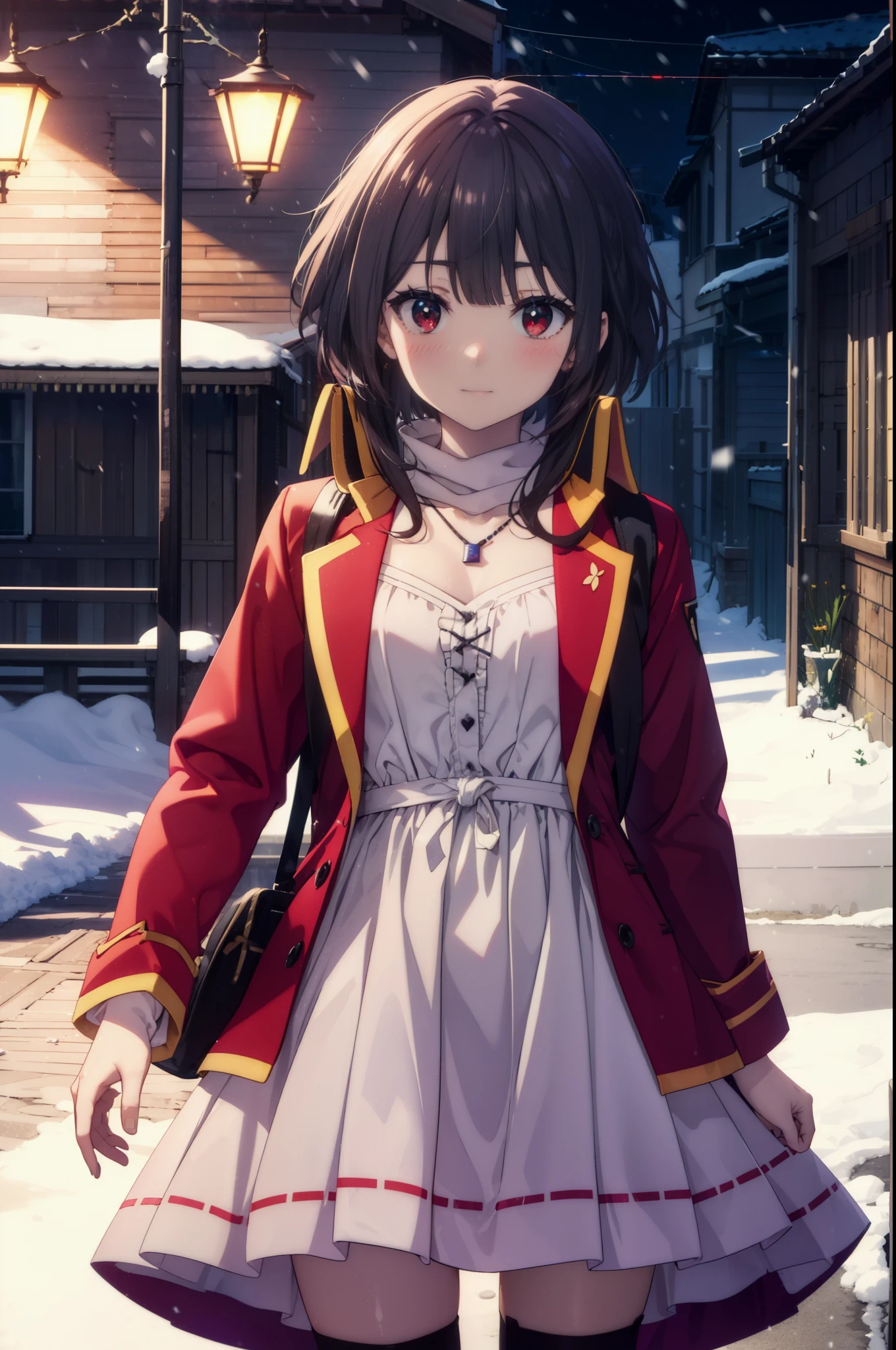 konosubaMegumin, Megumin, short hair, black hair, (red eyes:1.3), short hair with long locks,smile,blush,red long coat　There is an open front,heart shaped necklace,white sweater,black muffler,long skirt,Mini Boots,winter,cold sky,It&#39;s snowing,snow is falling,
break outdoor, In town,building street,
break looking at viewer, (cowboy shot:1.5),
break (masterpiece:1.2), highest quality, High resolution, unity 8k wallpaper, (figure:0.8), (detailed and beautiful eyes:1.6), highly detailed face, perfect lighting, Very detailed CG, (perfect hands, perfect anatomy),