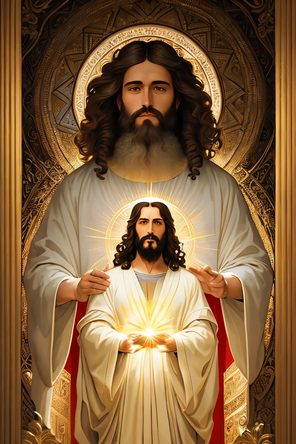 A divine and profound illustration of Jesus Christ, the Creator of the heavens and earth, portrayed in a serene and thoughtful pose. This timeless image depicts Him as a middle-aged man with short curly brown hair and a long beard, gazing introsively with wise and compassionate eyes. He wears a simple robe, unveiling His divine essence and the boundless power of creation. The background is minimalistic, allowing the focus to rest solely on the figure. This exquisite artwork is rendered in a solemn and intricate style, reminiscent of traditional Renaissance art, and is carefully crafted in high resolution and intricate detail, elevating it to a master