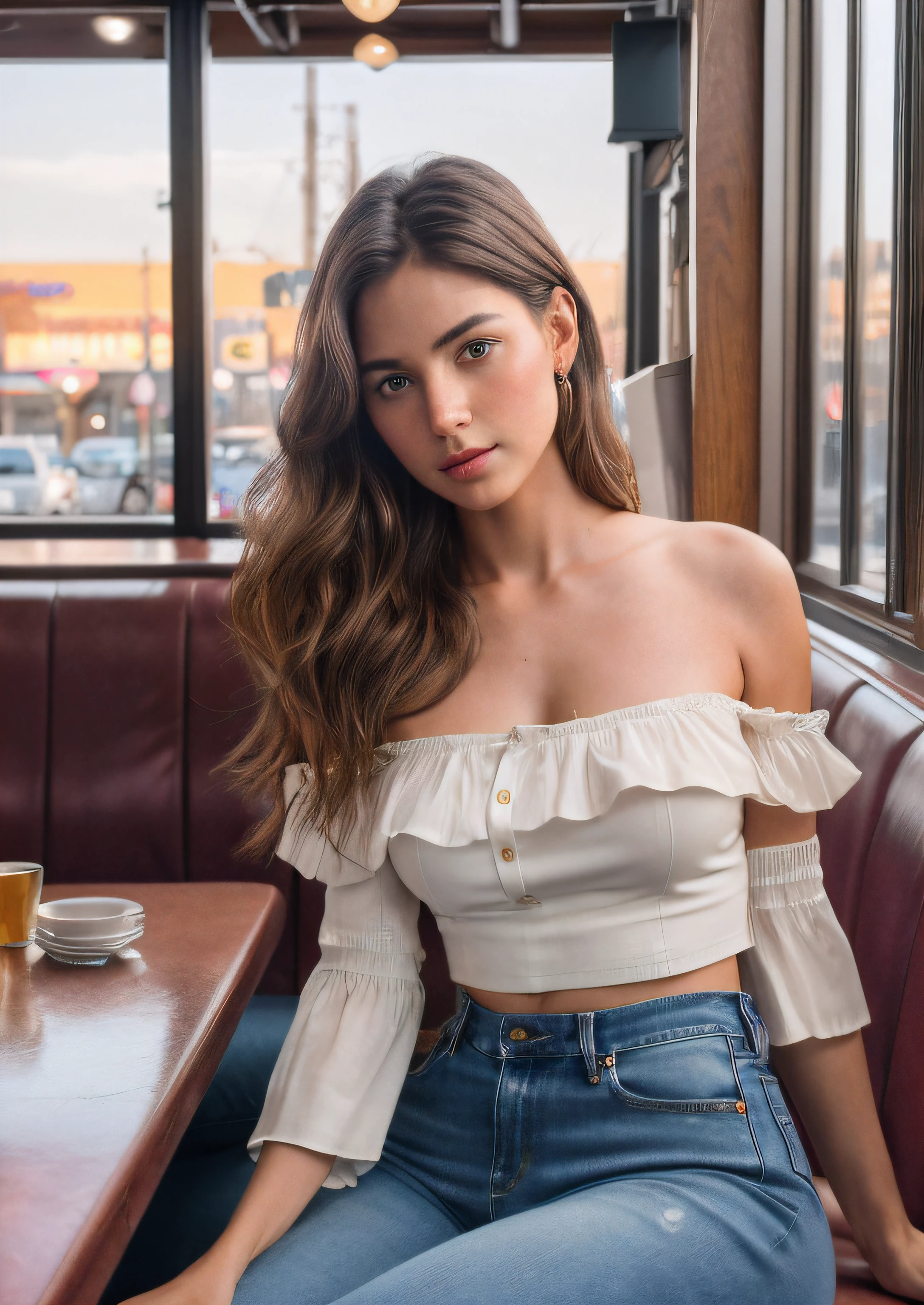 ((NSFW)), 8k, original photo, best quality, 超high resolution, photoactual, actual photo of a girl wearing a croptop, bare shoulders, jeans, sitting in a restaurant, beautiful, detailed face, detailed, high resolution, actual, photoactual, whole body, from head to foot, leg, matte skin, pores, wrinkle, (extremely detailed CG unity 8k wallpaper), photo of the most beautiful artwork in the world, Professional and majestic (Photography by Steve McCurry), 8K Ultra HD, SLR camera, soft light, high quality, film grain, Fuji XT3 key, f 5.6, high detail, sharp focus, dramatic, (looking at the audience:1.2), (Natural light)