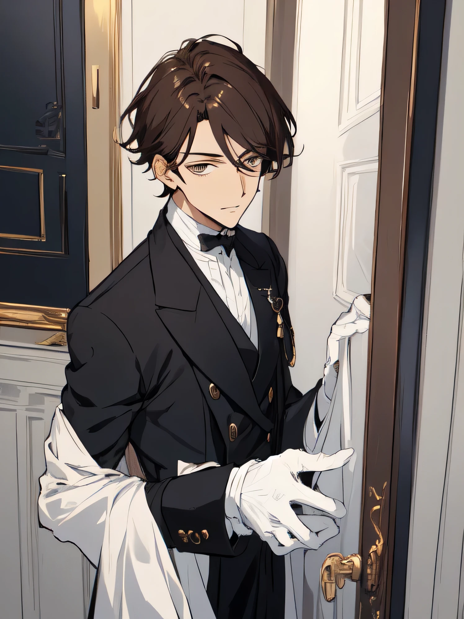 Highest, high quality, masterpiece, eye details, good looking, good looking Man About 30's,expensive, Gentle impression, Butler, Black Butler Dress, white gloves, brown hair, aristocratic house, masterpiece, Highest Quality, aesthetic sense, breast enhancement, anime, Knock on the door, front of door