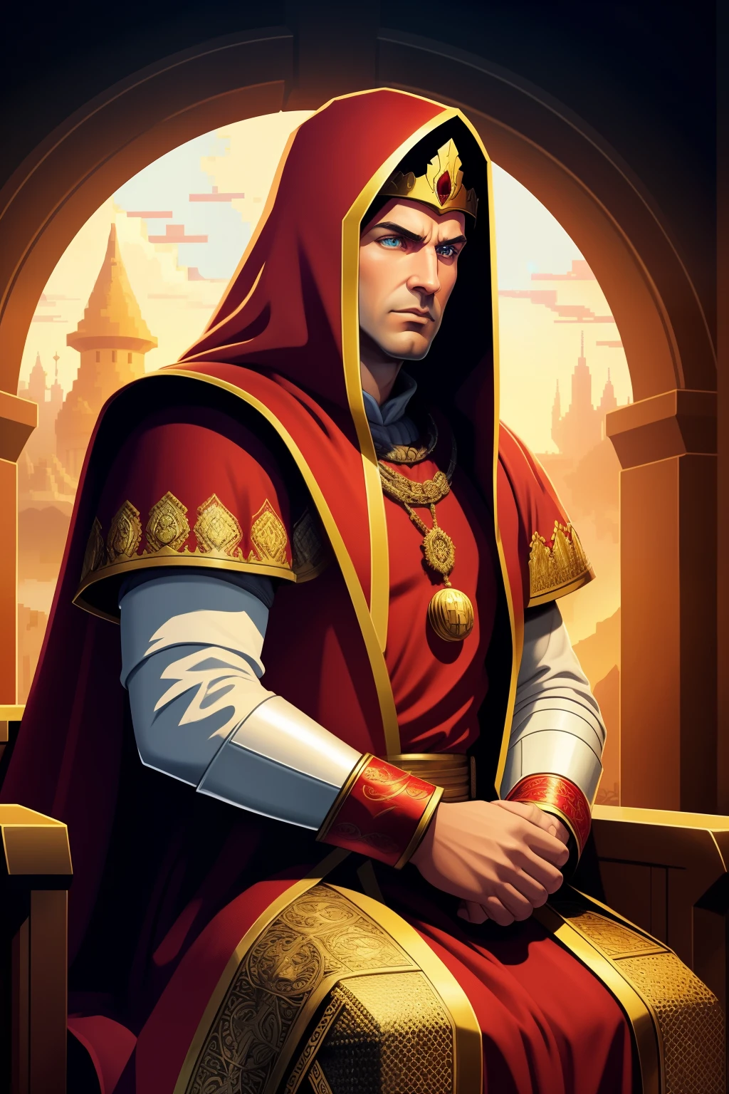 Knuckles the Echidna, as a medieval king, sitting in a grand throne, dressed in royal attire, exuding a sense of dignity and power, character portrait, 8-bit pixel art style, meticulously detailed, capturing the regal and stoic expression of Knuckles, high definition pixels, 512x512 resolution, created with a pixel art editor, perfect for a retro RPG game or a nostalgic digital art piece.