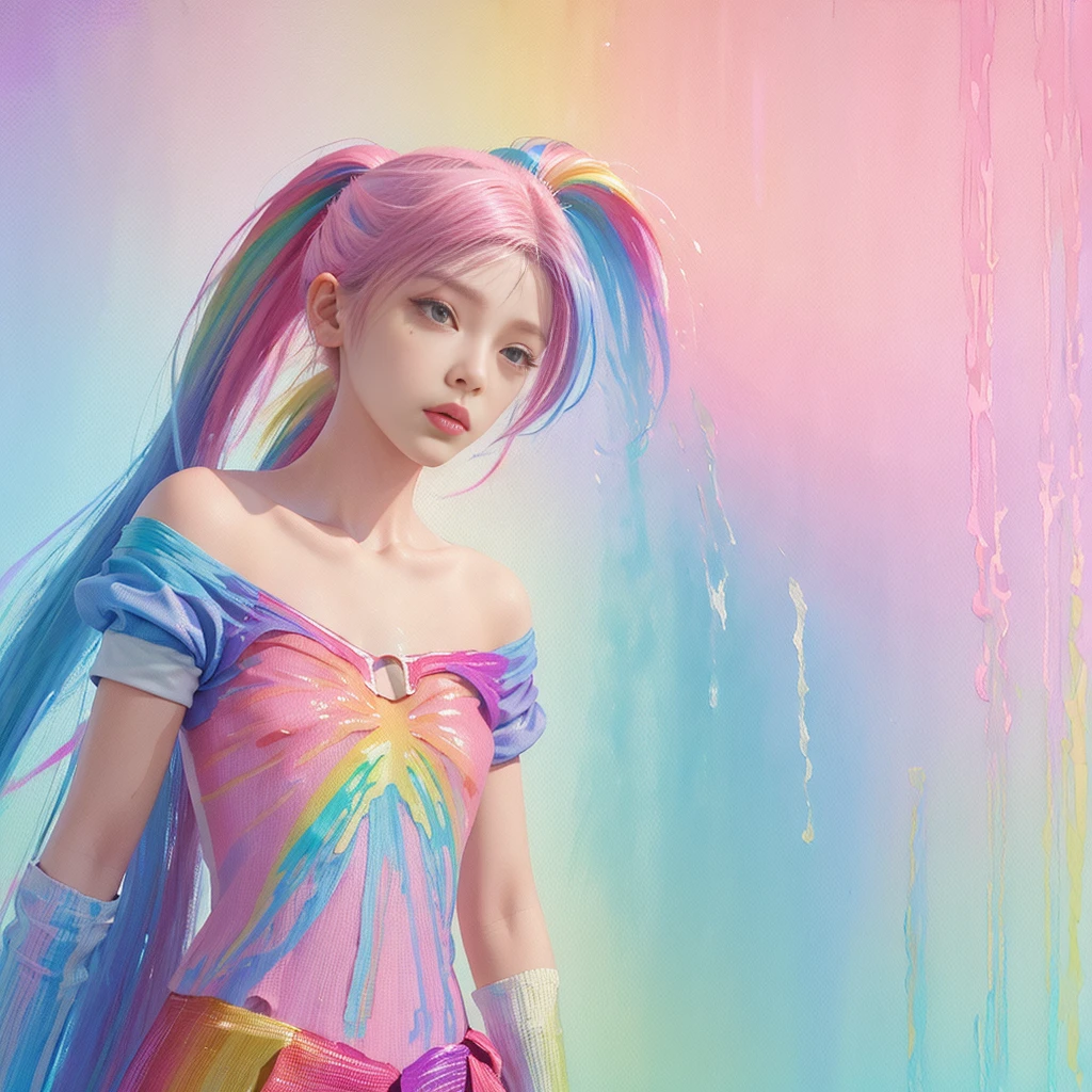(Pink Fashion T-shirt: 1.9), (Colorful hair: 1.8), (All the colors of the rainbow: 1.8), (((((Vertical painting: 1.6))), (Painting: 1.6), front, comics, illustrations, paintings, large eyes with crystal clear clarity, (Rainbow color gradient high ponytail: 1.7), exquisite makeup with closed mouth, (Small Fresh: 1.5), (Wipe Chest: 1.6), long eyelashes, wearing a white off-shoulder T-shirt (White Shoulder Shirt), gazing at the audience, large water