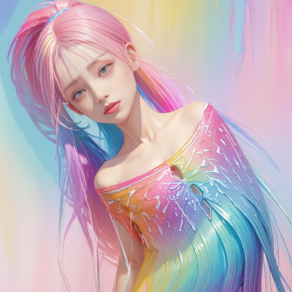 (Pink Fashion T-shirt: 1.9), (Colorful hair: 1.8), (All the colors of the rainbow: 1.8), (((((Vertical painting: 1.6))), (Painting: 1.6), front, comics, illustrations, paintings, large eyes with crystal clear clarity, (Rainbow color gradient high ponytail: 1.7), exquisite makeup with closed mouth, (Small Fresh: 1.5), (Wipe Chest: 1.6), long eyelashes, wearing a white off-shoulder T-shirt (White Shoulder Shirt), gazing at the audience, large water