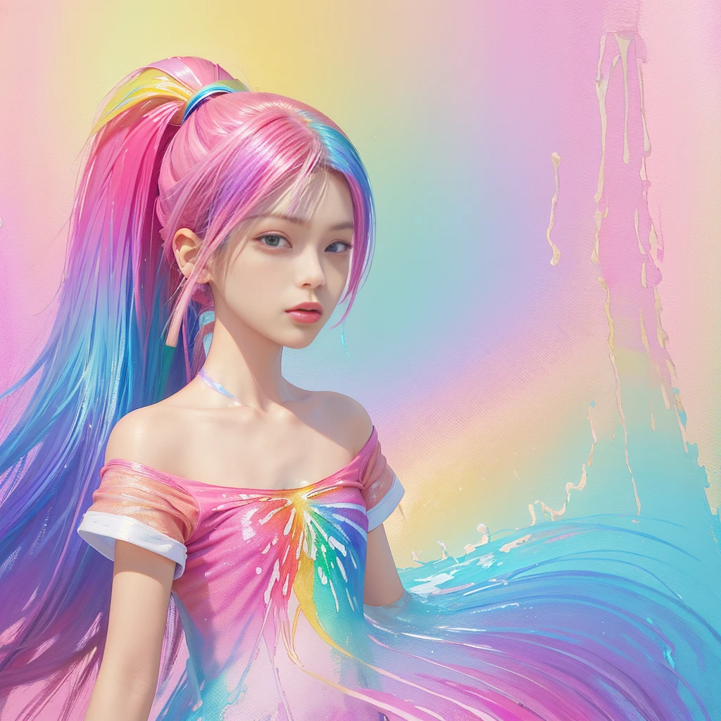 (Pink Fashion T-shirt: 1.9), (Colorful hair: 1.8), (All the colors of the rainbow: 1.8), (((((Vertical painting: 1.6))), (Painting: 1.6), front, comics, illustrations, paintings, large eyes with crystal clear clarity, (Rainbow color gradient high ponytail: 1.7), exquisite makeup with closed mouth, (Small Fresh: 1.5), (Wipe Chest: 1.6), long eyelashes, wearing a white off-shoulder T-shirt (White Shoulder Shirt), gazing at the audience, large water