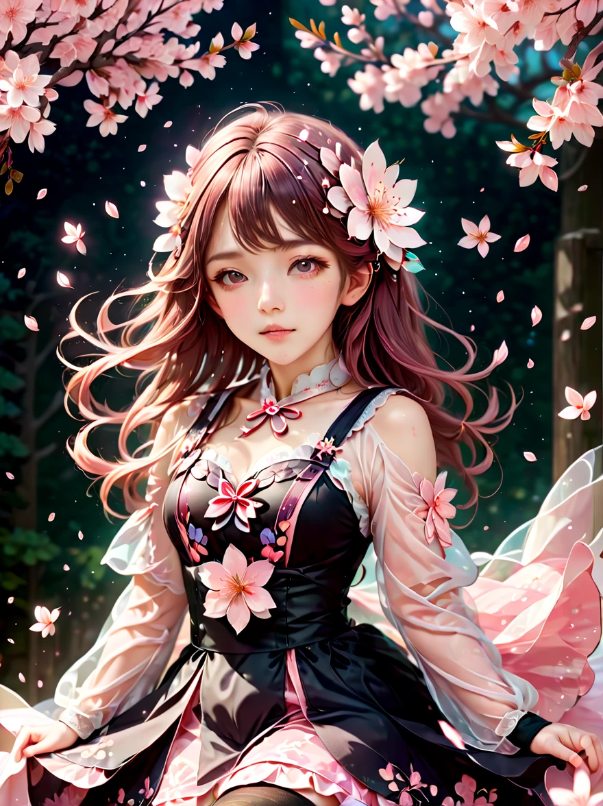 a girl made of fresh plants，迷幻Cherry blossoms空间 , Very detailed, Vibrant colors, Cherry blossoms女孩，((Cherry blossoms头发))，Layered art, Cherry blossoms树林,Cherry blossoms,Beautiful psychedelic psychedelic white complex detailed crafted,cute face,long hair,8k,Ultra-fine knots,antlers