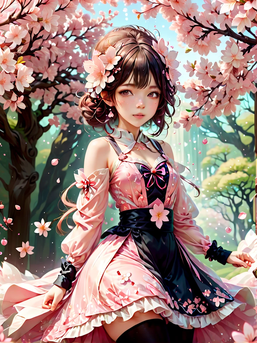Sakura Maiden,Sakura petals fell gently around her。She has flowing cherry blossom hair,Quiet and sweet expression,(Wearing a dress with a cherry blossom pattern, black socks,Lolita costume,crystal shoes),pastel color palette,The ethereal beauty of blooming cherry blossoms。Rich details,The delicate texture of the petals and the subtle emotions conveyed by the expression of the Sakura girl,(cowboy shot, UHD, masterpiece, ccurate, anatomically correct, textured skin, super detail, high details, high quality, 8k)