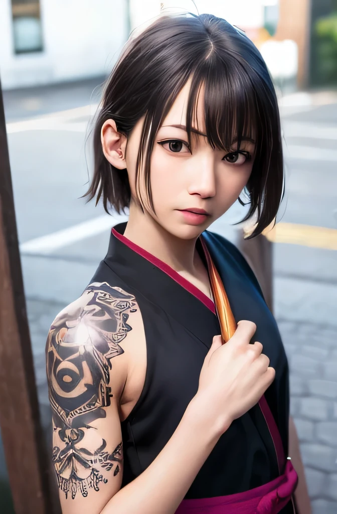 (masterpiece, highest quality:1), (realistic:1.2), light, written boundary depth, (detailed face, face focus:1), game CG, Super detailed, 8k, intricate details, hiqcg,
1 girl, alone,anime, looking at the viewer, kunoichi, , full body image, ninja pose, Japanese sword, kunoichi's clothes, Upper body, Ninja Run, tattoo, full body image, kunoichi pose