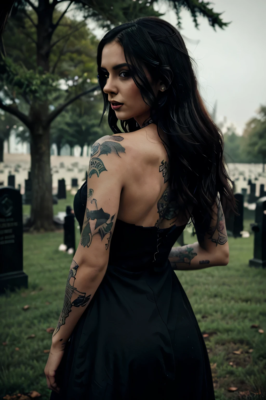 beautiful woman, tattooed, wearing a black dress, in a graveyard, woman is tattooed, horror movie cover, horror book cover
