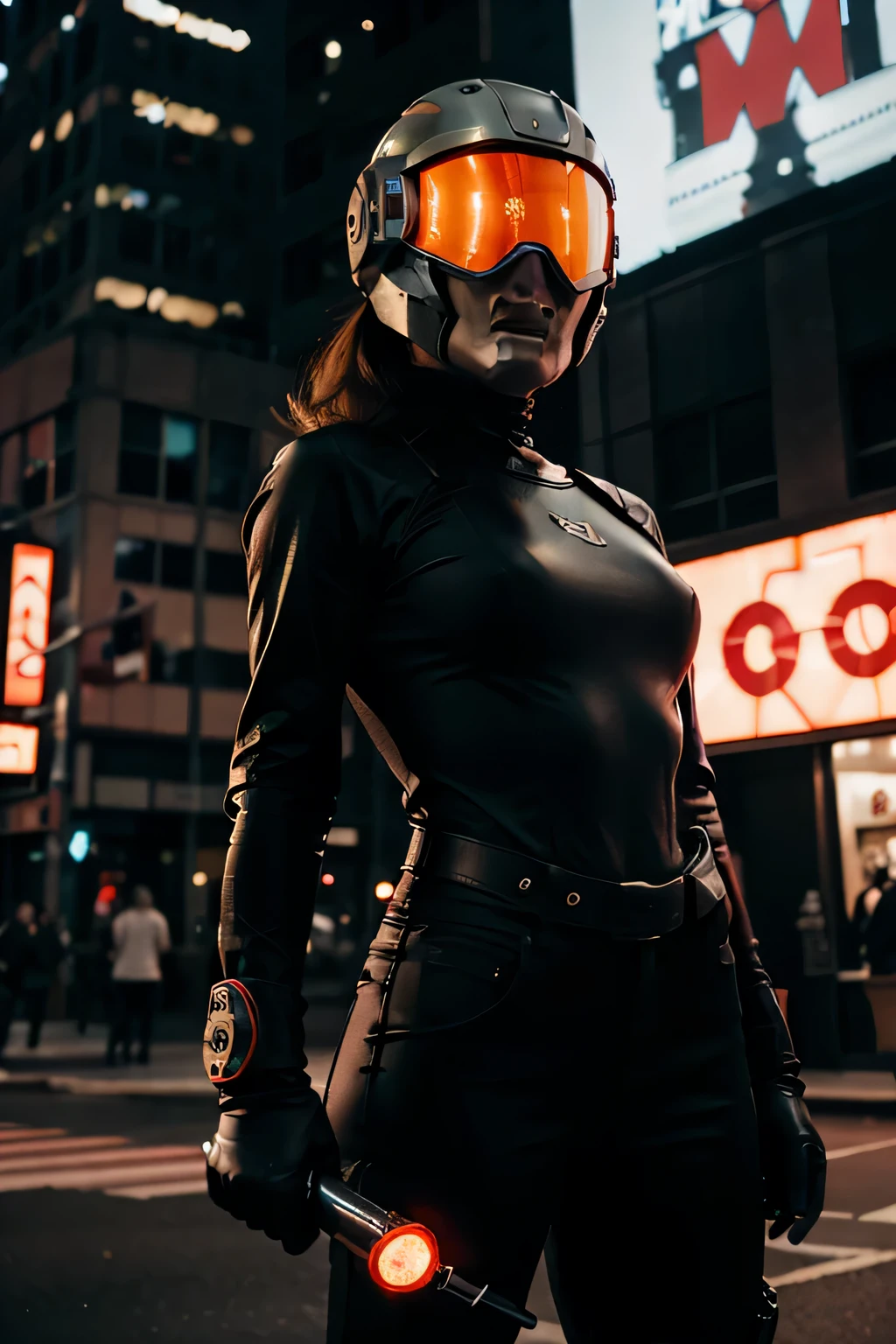 Un dibujo animado plano moderno Loco con un Big ONE, un robot con un solo ojo y un casco estilo Rocketeer, pinzas en las manos, television head, cabeza de alfiler, camuflaje rojo oxidado, Environment in a super detailed New York City., centro, hermoso, soft lighting, centrado en el personaje, 4k resolution, renderizado fotorrealista.